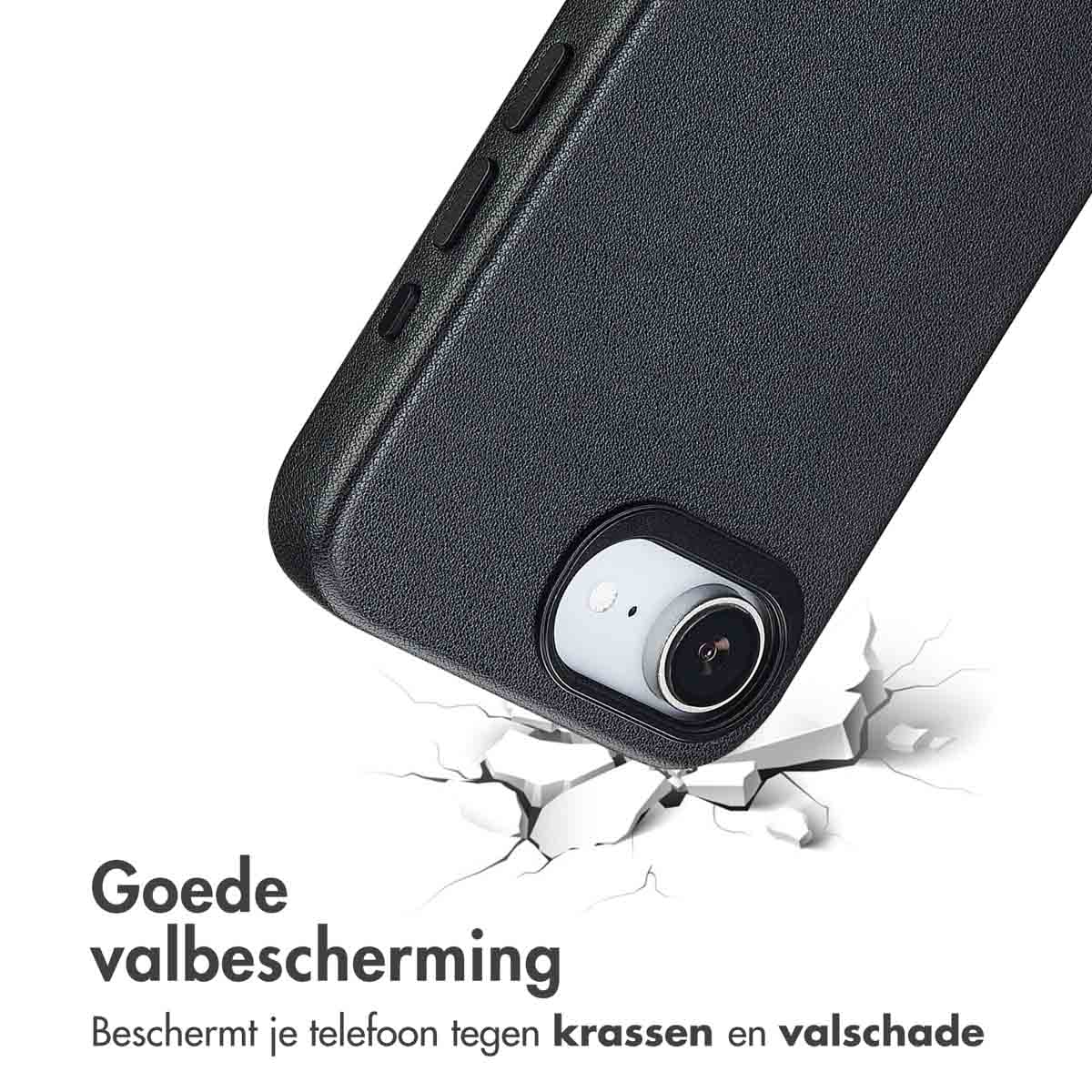 Een zwarte telefoonhoes met camera. De hoes valt en barst het oppervlak eronder, waardoor de telefoon wordt beschermd.