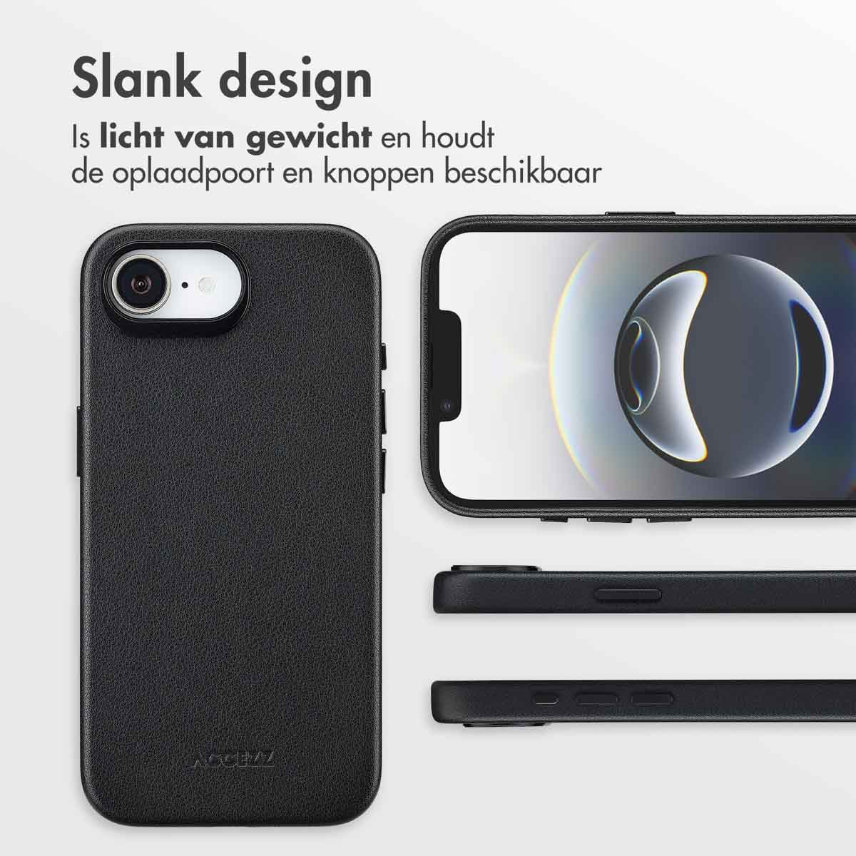 Zwarte telefoonhoes met wazig scherm. Heeft knoppen en camera gat. Tekst: 'Slank design'.