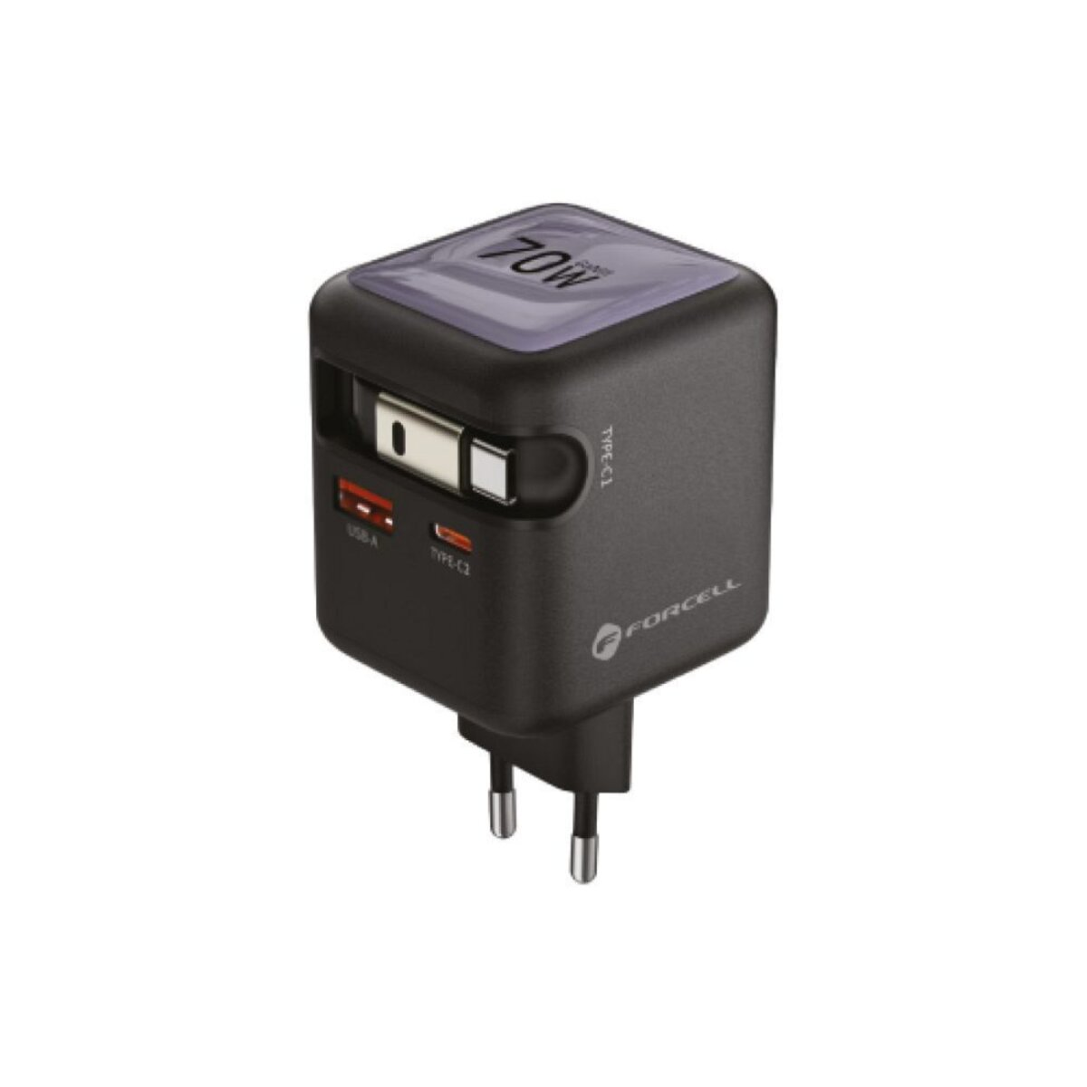 Caricatore Forcecell nero con stampa 70W, porte USB e Tipo-C e spina europea.