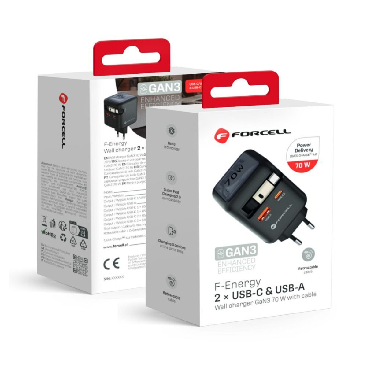 Scatola con caricatore nero, porte USB-C e USB-A e logo FORCELL. Maniglia rossa in alto.