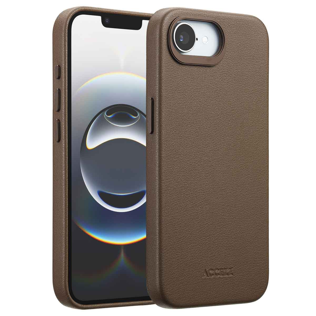Twee bruine telefoonhoesjes, één open, met een iPhone. De hoesjes hebben een textuur, met de merknaam onderaan.
