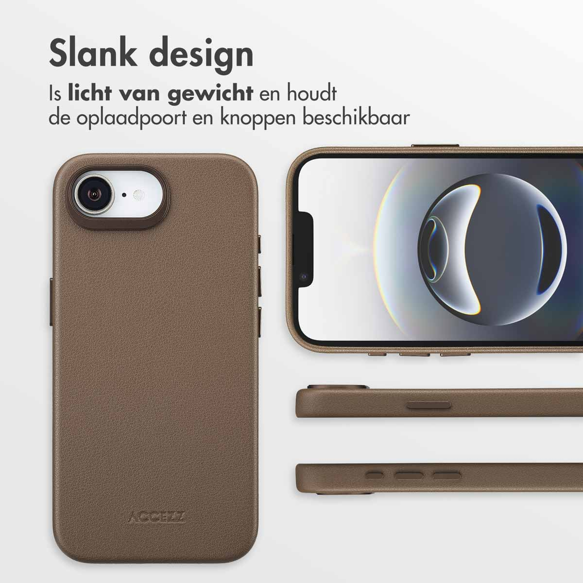 Bruine telefoonhoes met smartphone aan de zijkant. Tekst: Slank design, Is licht van gewicht en houdt de oplaadpoort en knoppen beschikbaar.