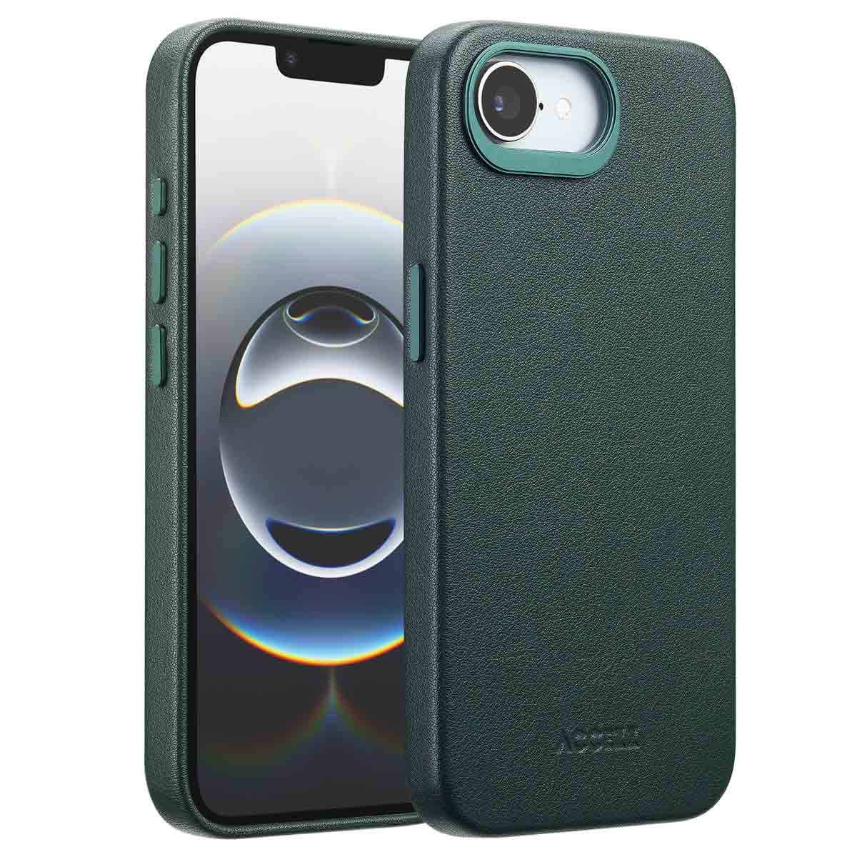 Deux coques de téléphone vertes, une ouverte montrant l'écran du téléphone. La coque a une surface texturée, le téléphone, une caméra.