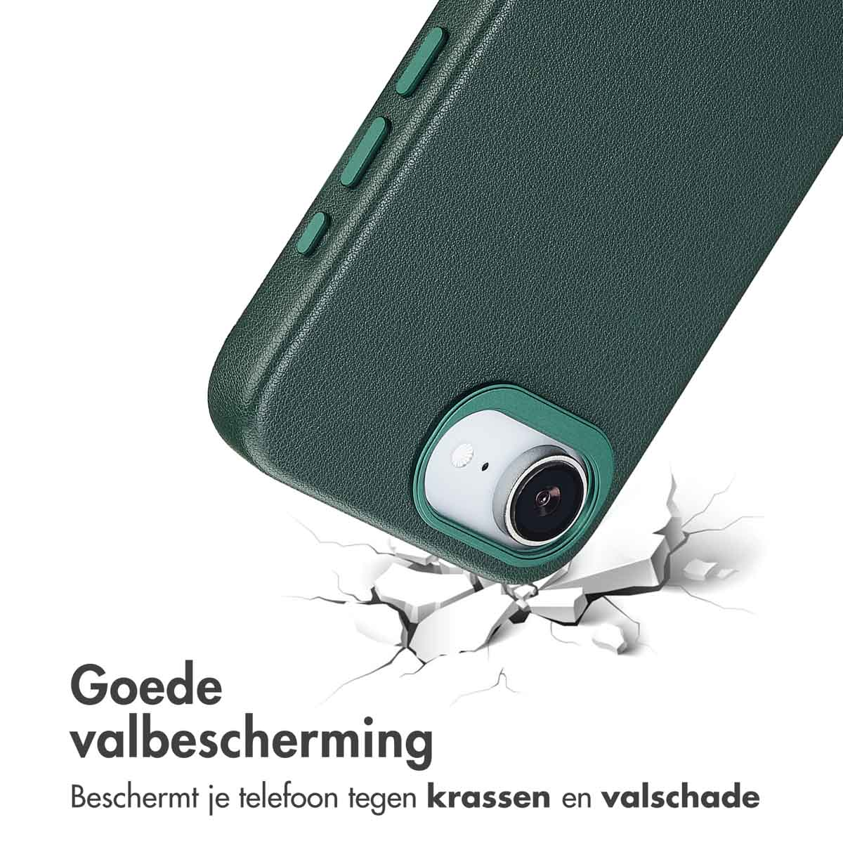 Un étui de téléphone vert avec une caméra brise une surface blanche. Le texte indique 'Bonne protection contre les chutes' et 'Protège votre téléphone des rayures'.