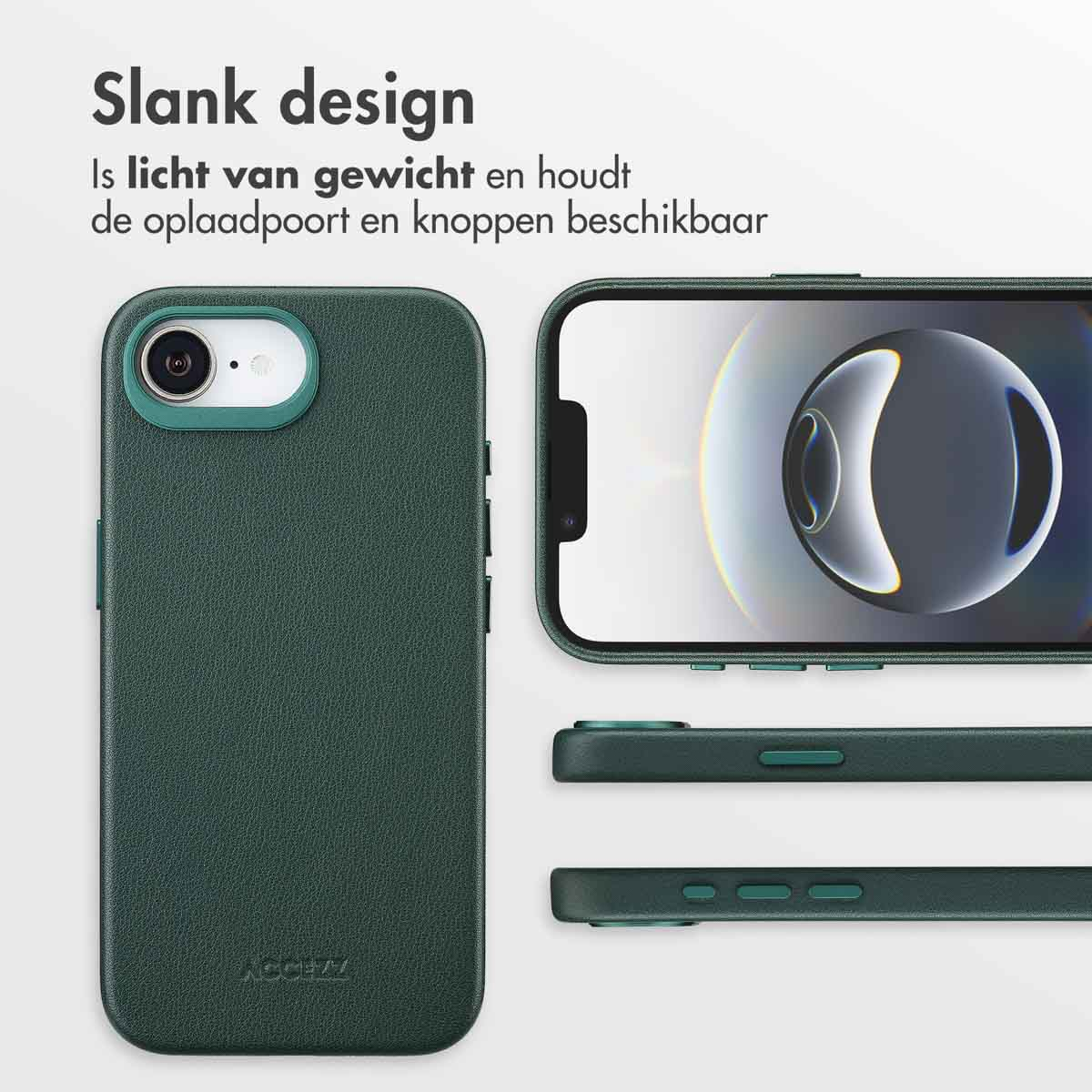 Coque de téléphone verte avec un téléphone à l'intérieur. La coque a une finition mate et un accent vert autour de l'appareil photo.