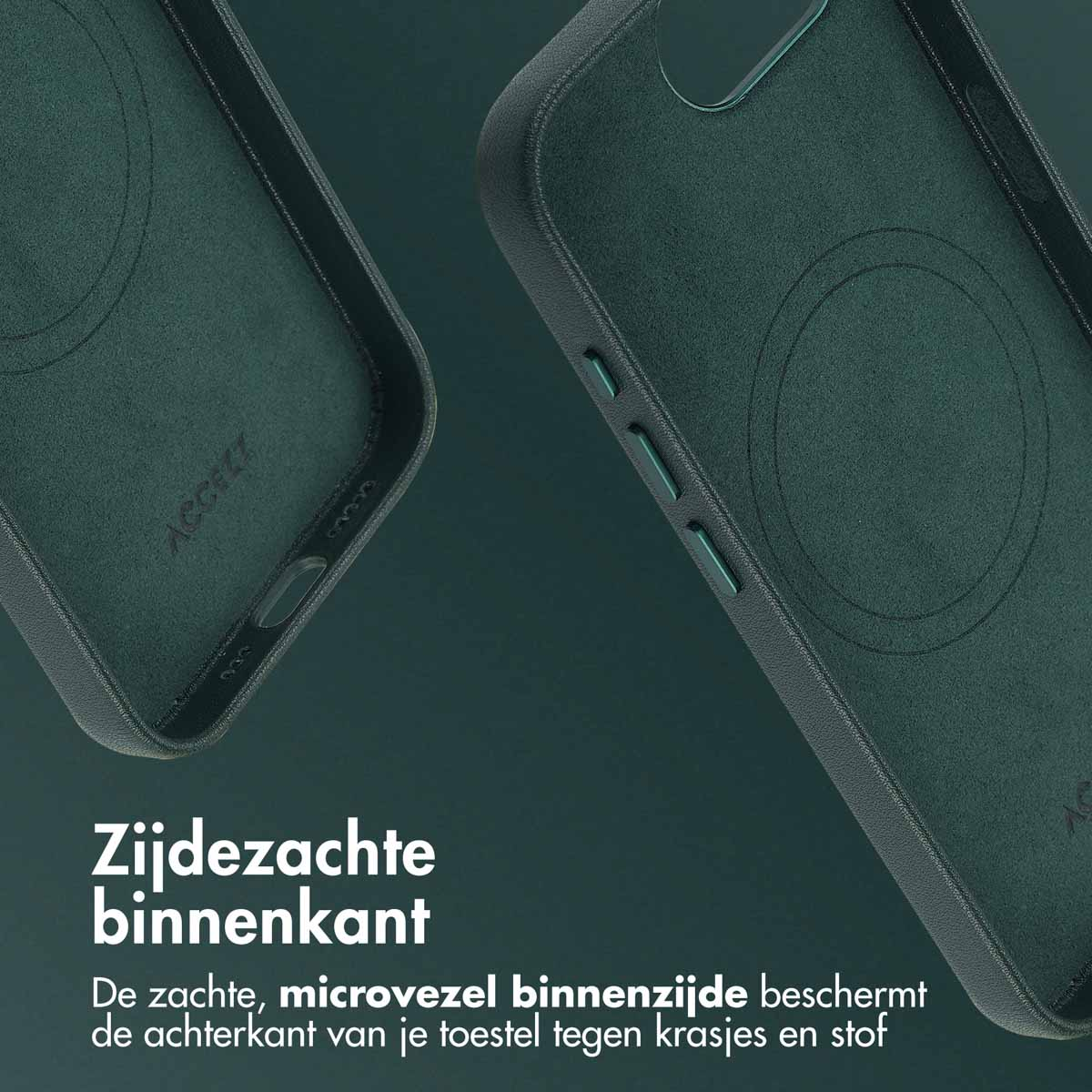 Deux étuis de téléphone vert foncé. L'étui de gauche montre l'intérieur avec un logo. L'étui de droite a des boutons et un design circulaire.