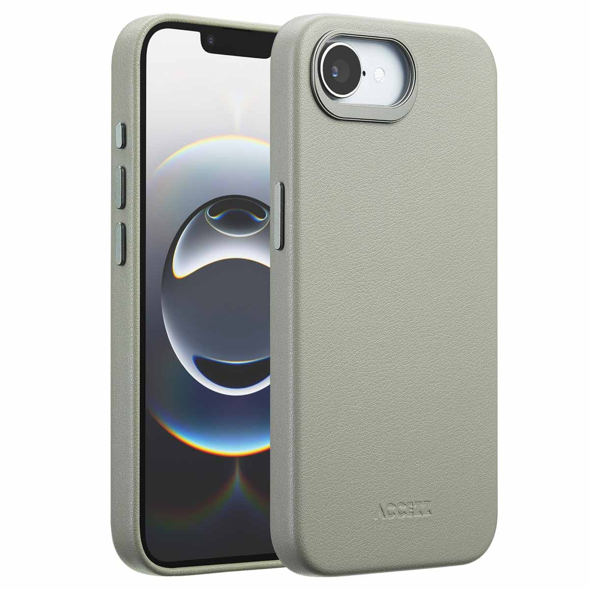 Un étui de téléphone vert clair et un téléphone avec un écran noir. L'étui a une découpe pour la caméra et des boutons sur le côté.