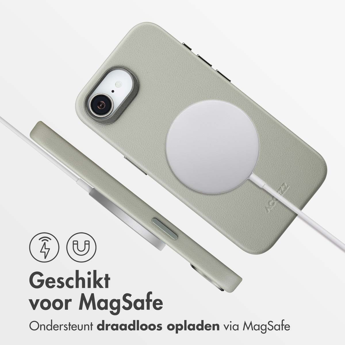 Coque de téléphone vert clair avec chargeur blanc et symbole de chargement sans fil. Texte : 'Compatible MagSafe' et 'Prend en charge le chargement sans fil'.