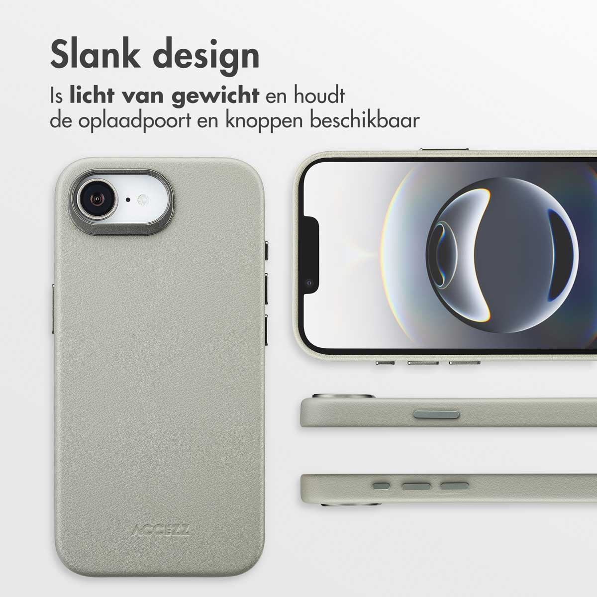 Une coque de téléphone gris clair avec le téléphone à l'intérieur. L'étui est à gauche, et le téléphone est affiché sous différents angles à droite.
