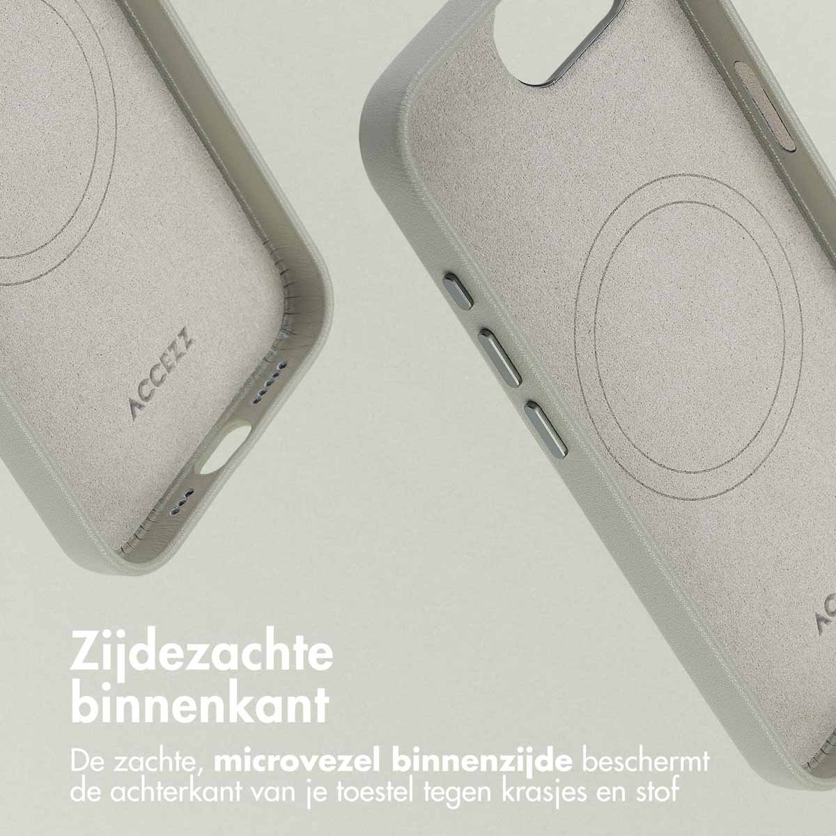 Deux étuis de téléphone gris clair avec intérieurs doux sont présentés. L'un est ouvert, l'autre incliné. Le texte en bas indique : intérieur doux.