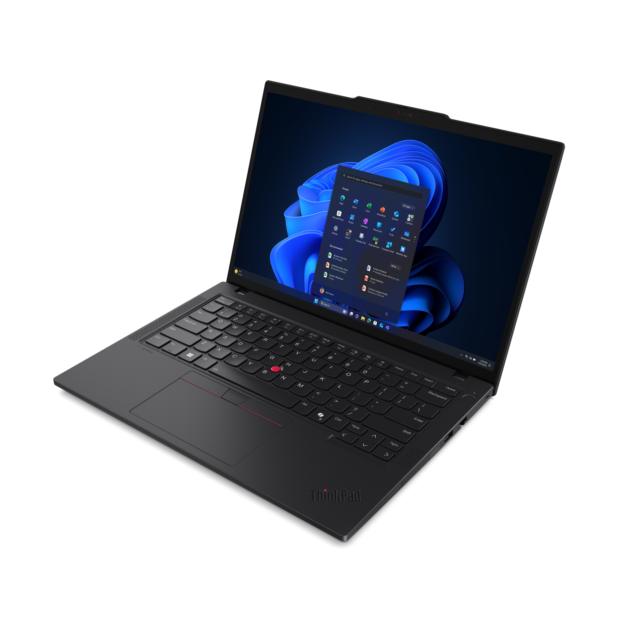 Czarny laptop ThinkPad jest otwarty, wyświetlając menu startowe systemu Windows 11. Tło jest białe.