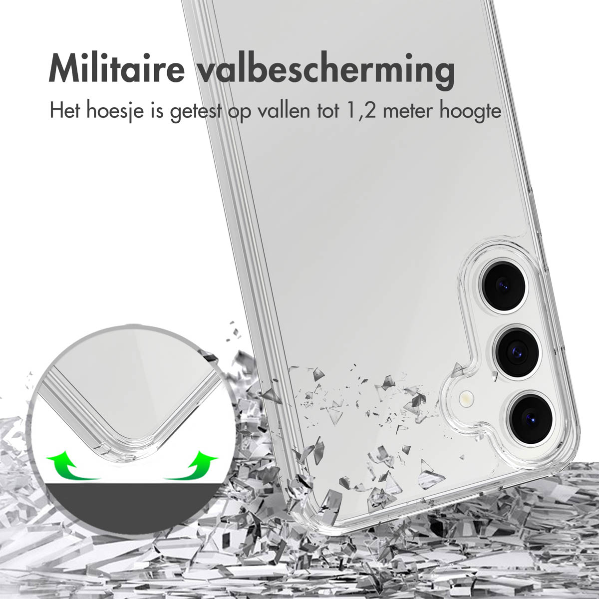 Een doorzichtige telefoonhoes, met het label 'Militaire valbescherming', met gebroken glas eromheen en groene pijlen.