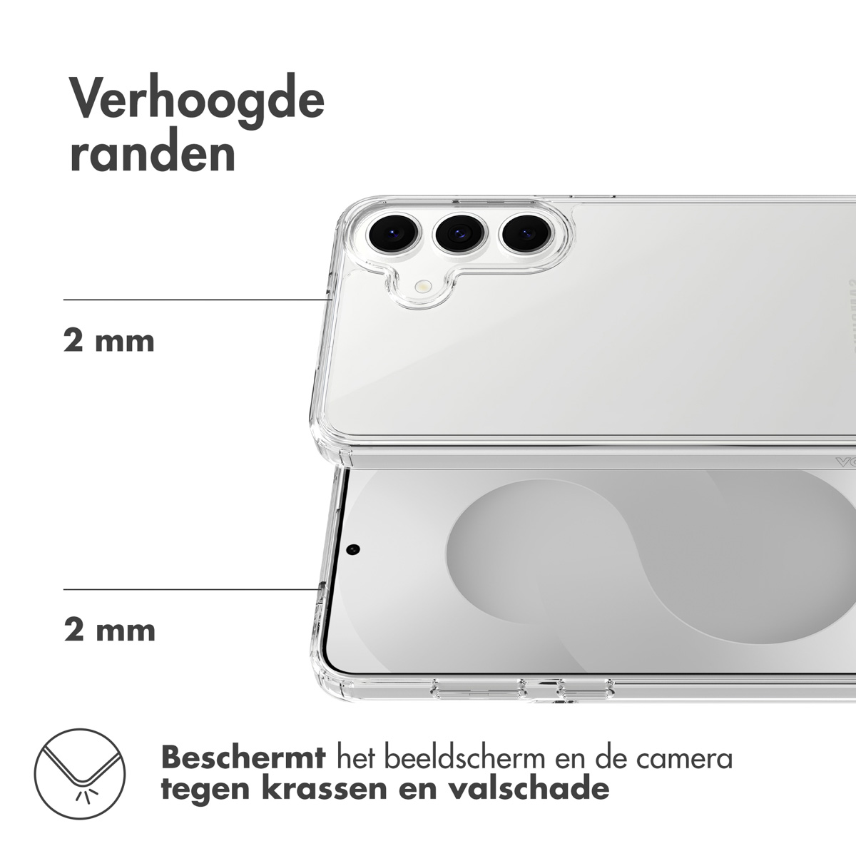 Transparante telefoonhoes, met verhoogde randen. Tekst benadrukt scherm- en camerabescherming tegen krassen. Toont 2 mm hoogte.