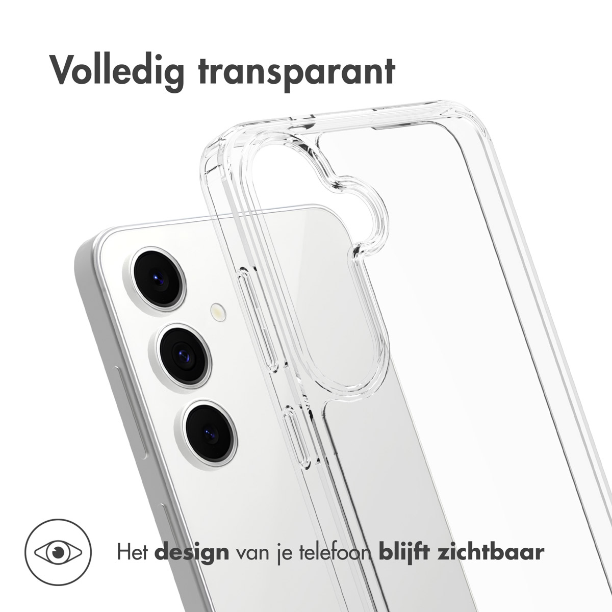 Een transparante telefoonhoes over een witte telefoon. Boven staat 'Volledig transparant' en onder 'Het design van je telefoon blijft zichtbaar'.