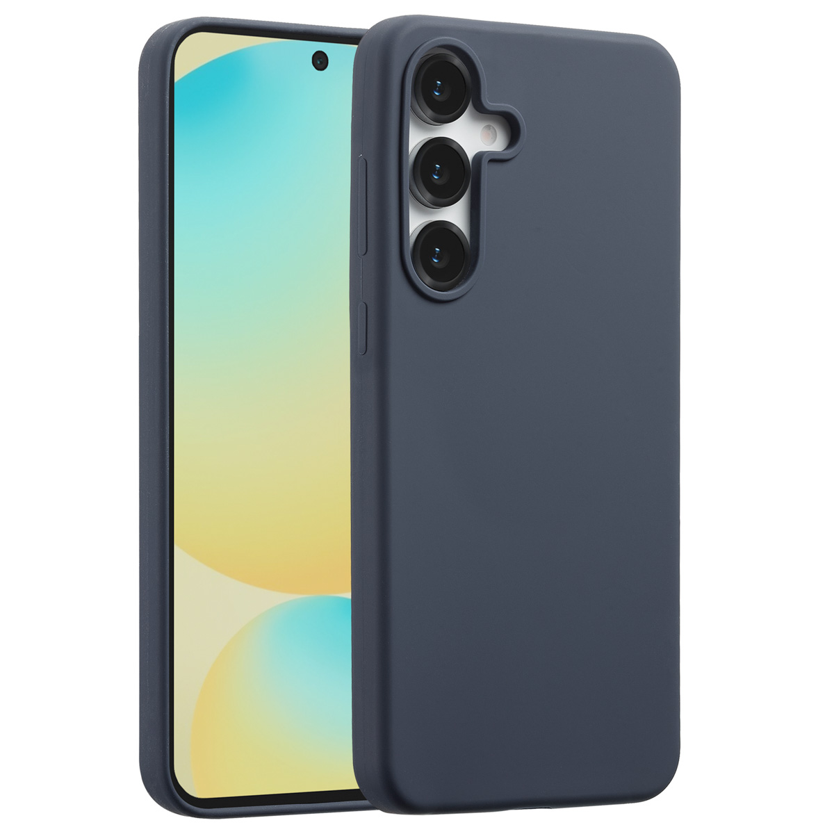 Un étui de téléphone bleu foncé à côté d'un smartphone. L'écran affiche un dégradé jaune et blanc. L'étui a trois lentilles de caméra.