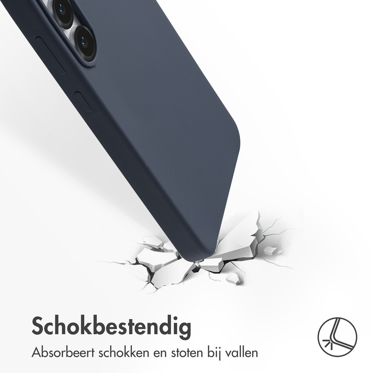 Un étui de téléphone bleu marine heurte une surface, la brisant. Le téléphone a un appareil photo. Le texte indique 'Résistant aux chocs'.