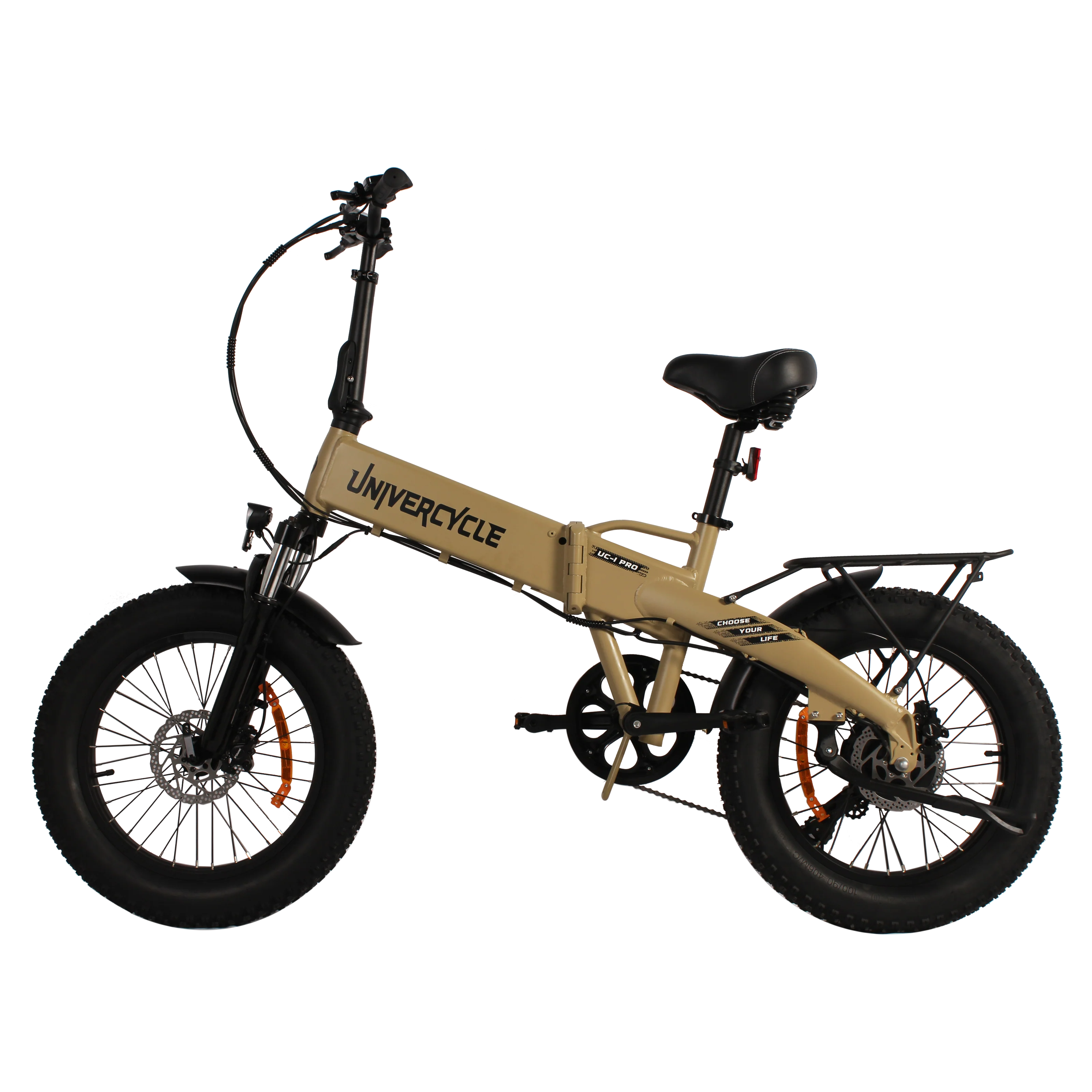 Una bici elettrica Univecycle beige con pneumatici neri su sfondo nero. La bici ha catarifrangenti arancioni.