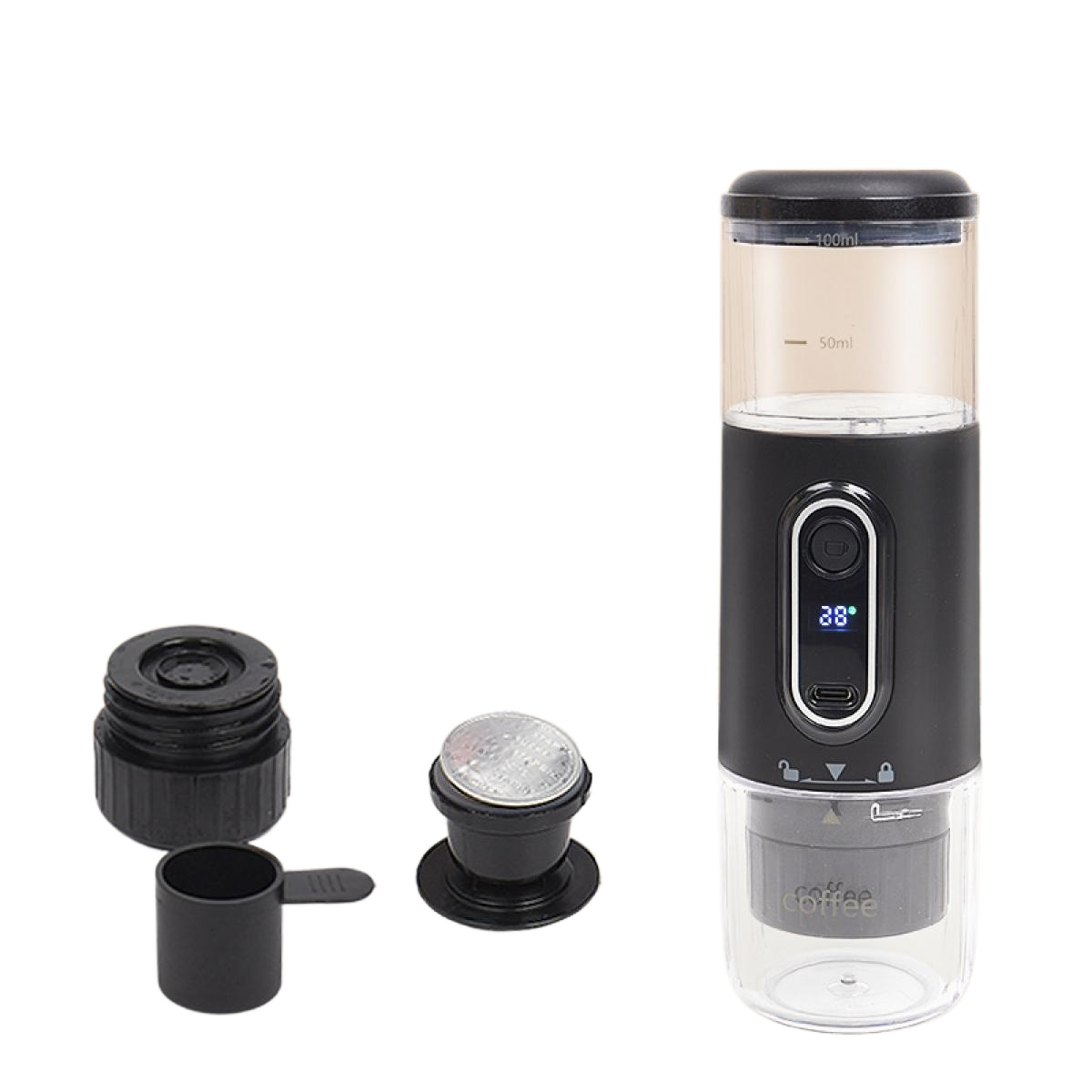 Eine Kaffeemaschine mit Zubehör. Das Hauptgerät ist schwarz und klar. Zubehör umfasst einen kleinen Becher und einen schwarzen Filter.