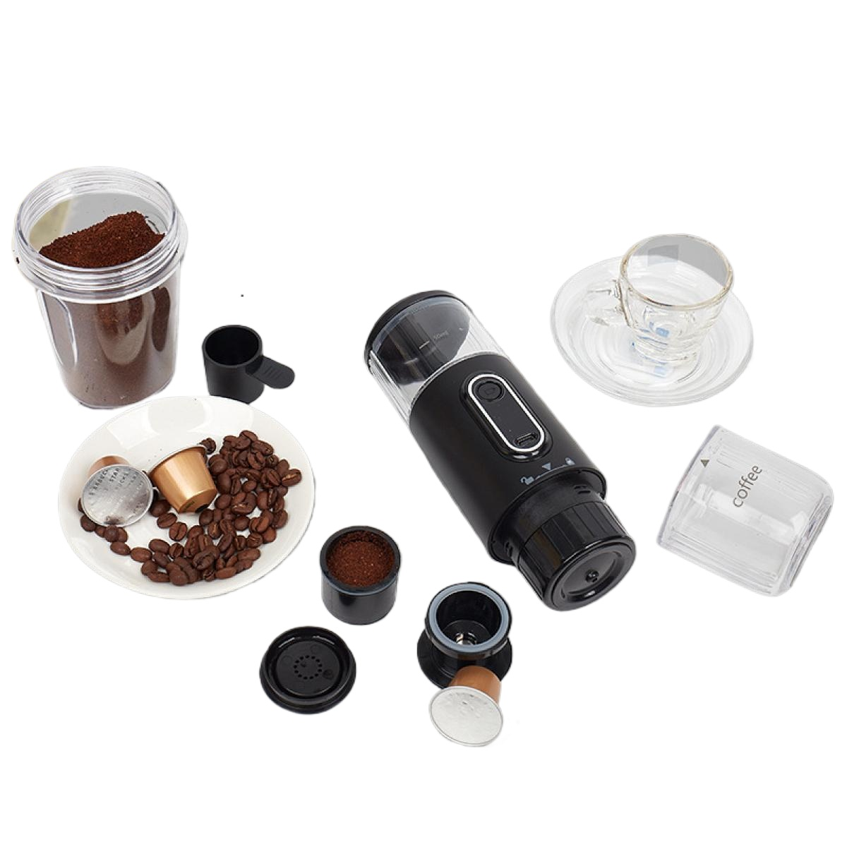 Kaffeemaschinenausrüstung: Mühle, Bohnen, Kapseln, gemahlener Kaffee, Tasse. Schwarze Mühle, transparente Tasse, weißer Hintergrund.