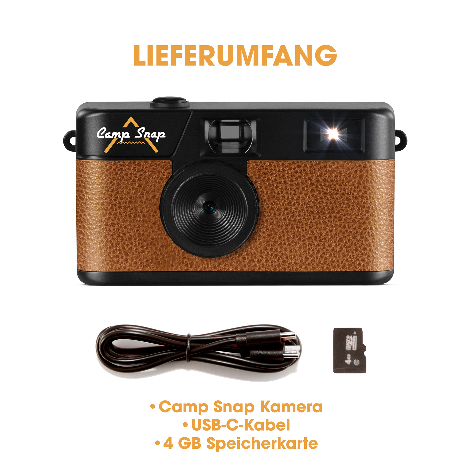 Czarno-brązowy aparat Camp Snap z kablem USB-C i kartą pamięci 4 GB, wszystko na białym tle.