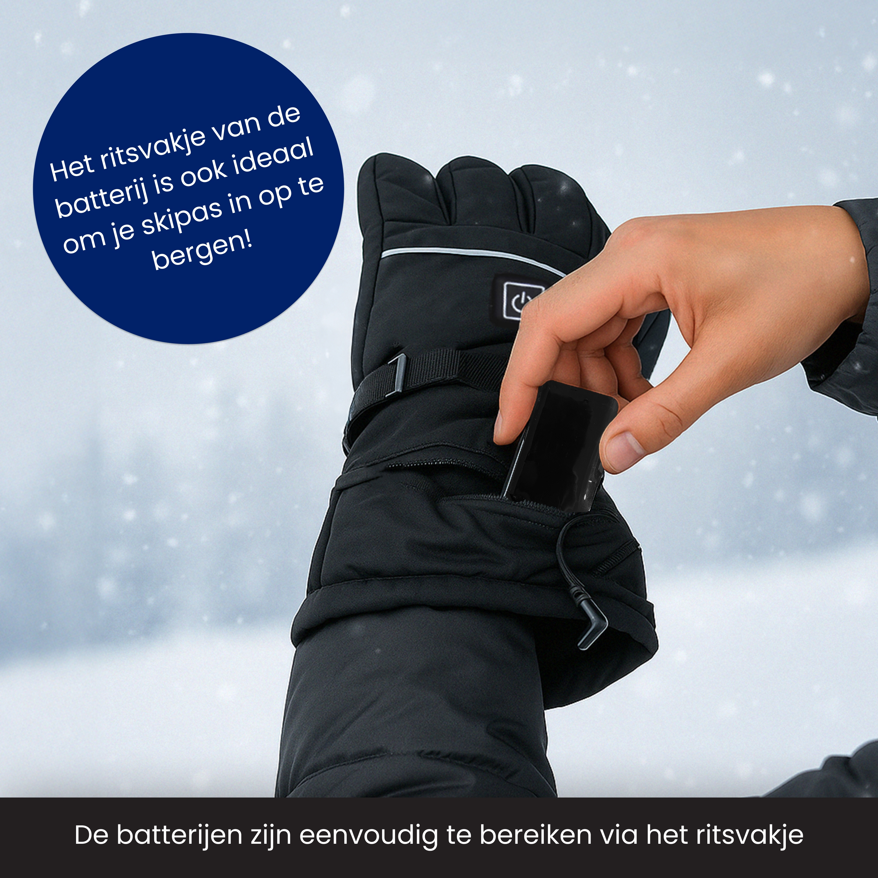 A hand inserts a small device into a black glove pocket. Snowflakes fall in the background. Text on the image.