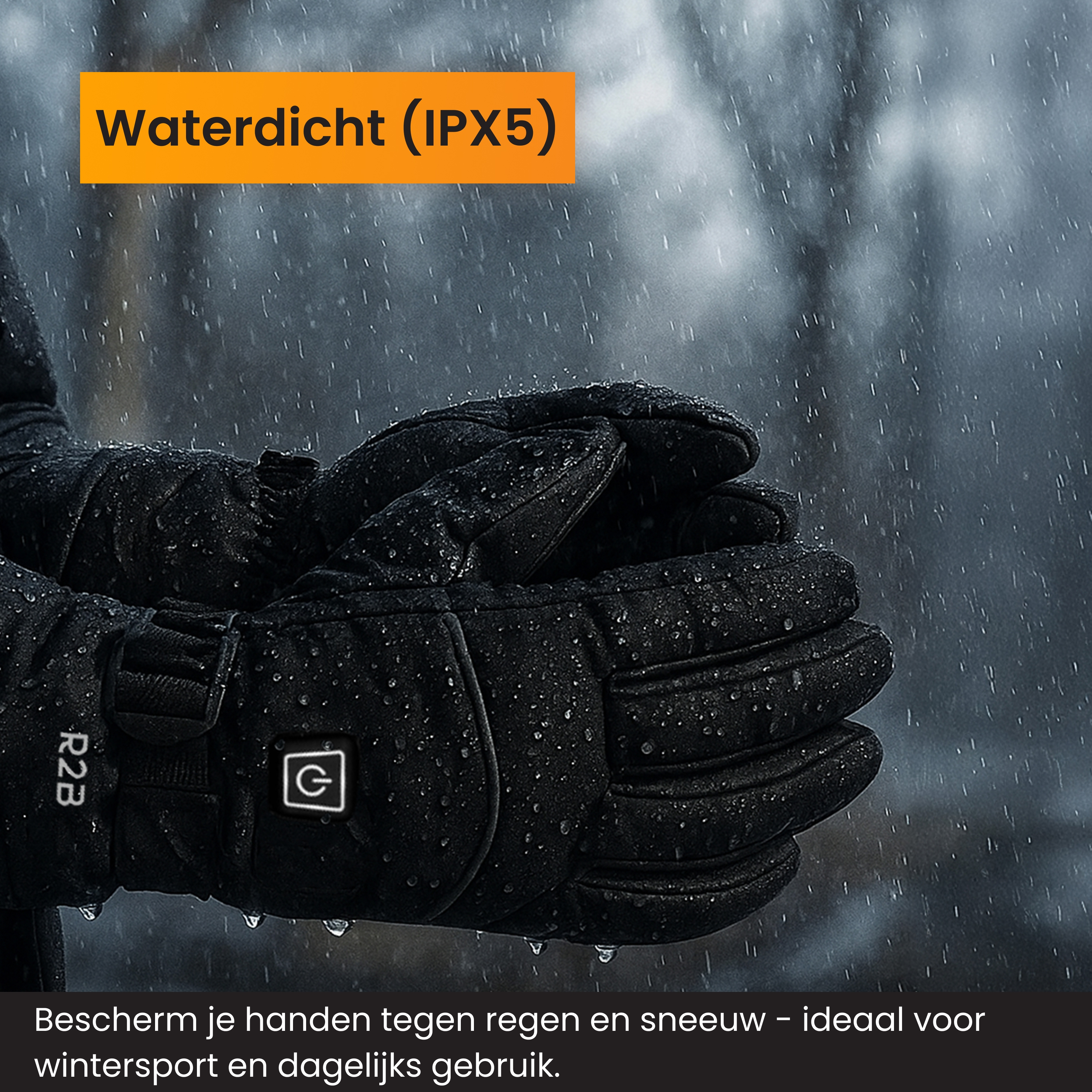 Black waterproof gloves in the rain. Orange text on top says 'Waterdicht (IPX5)'.