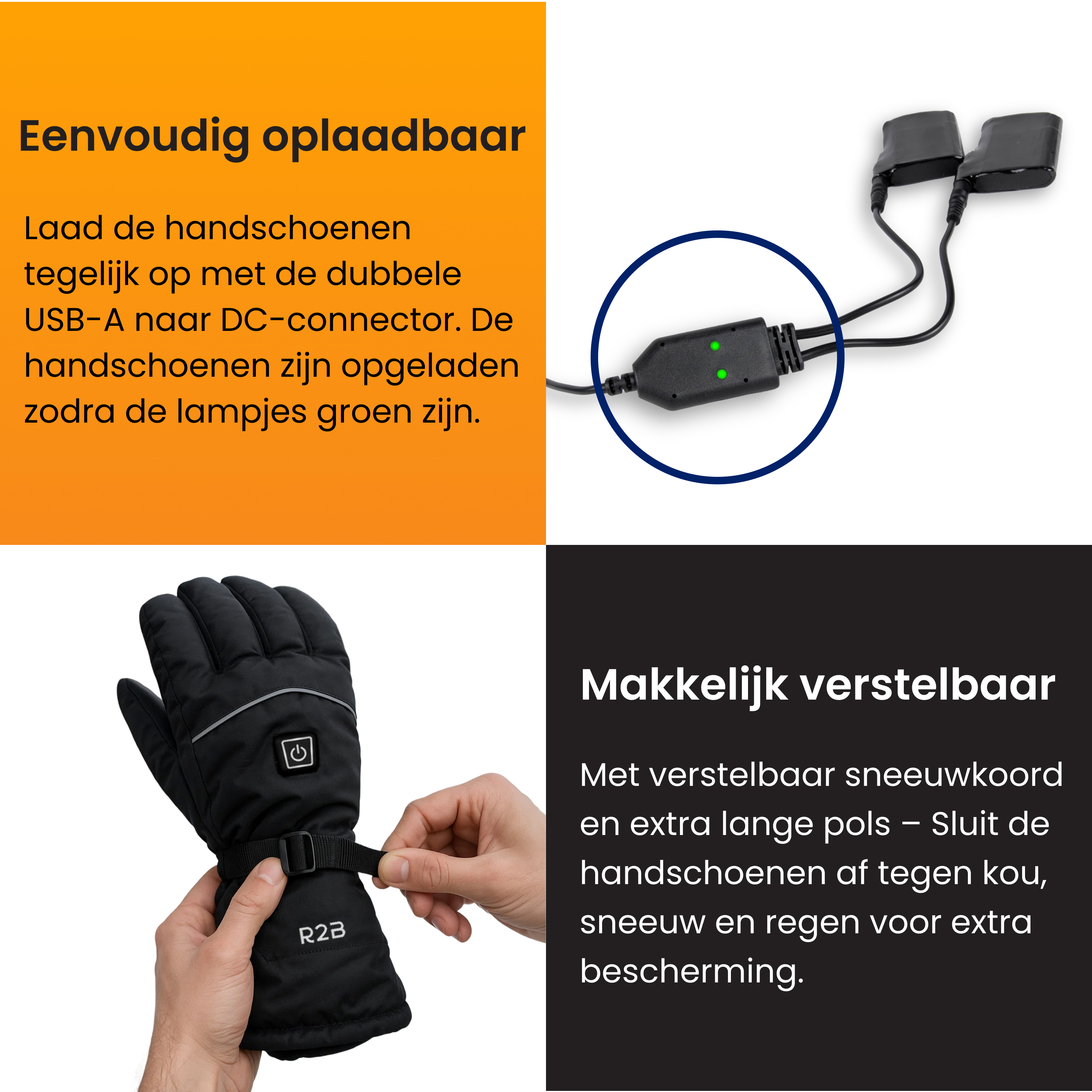 Image shows black heated gloves, a charger, and text in Dutch. A hand adjusts the glove's strap.