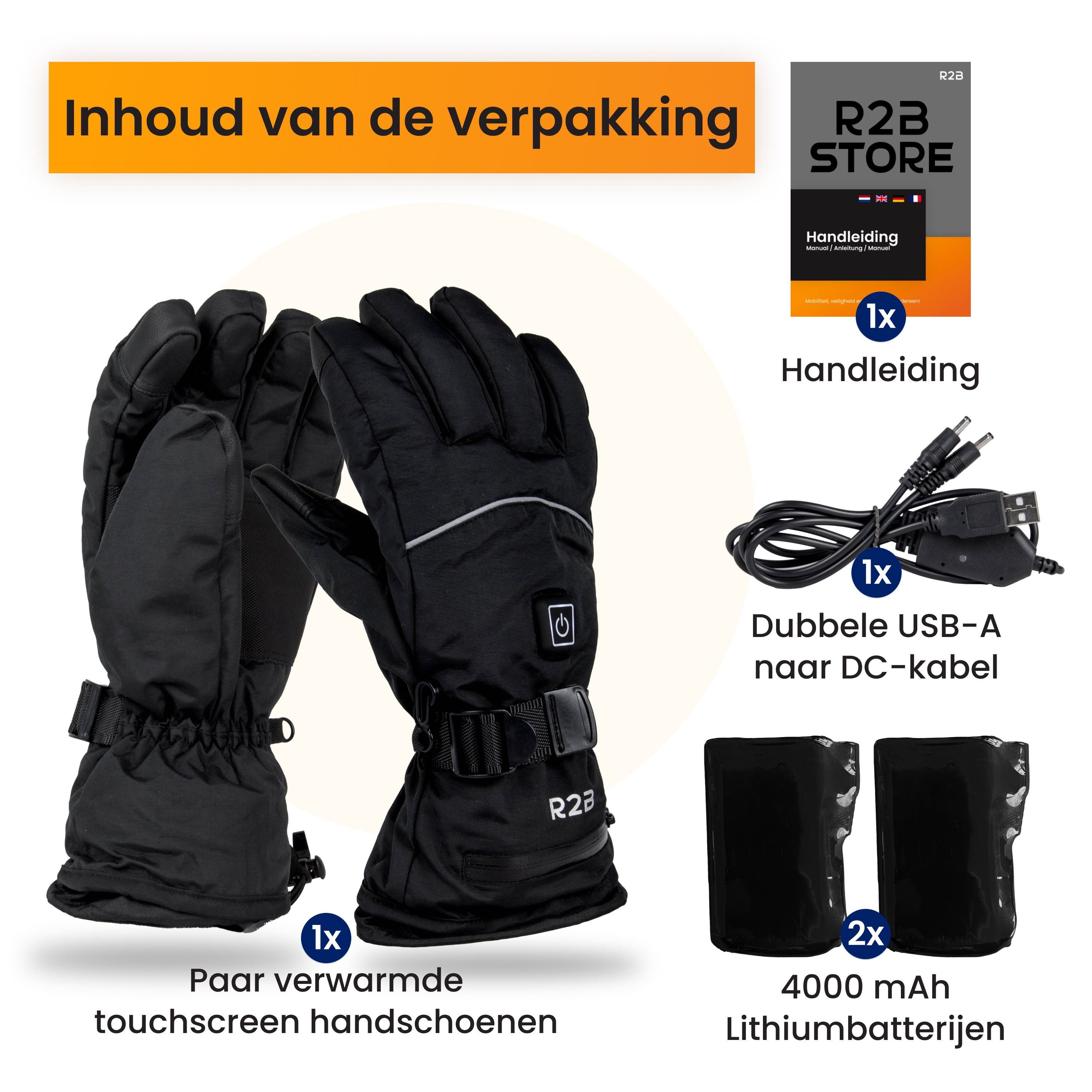 Image shows heated touchscreen gloves, a manual, a USB cable, and two lithium batteries.
