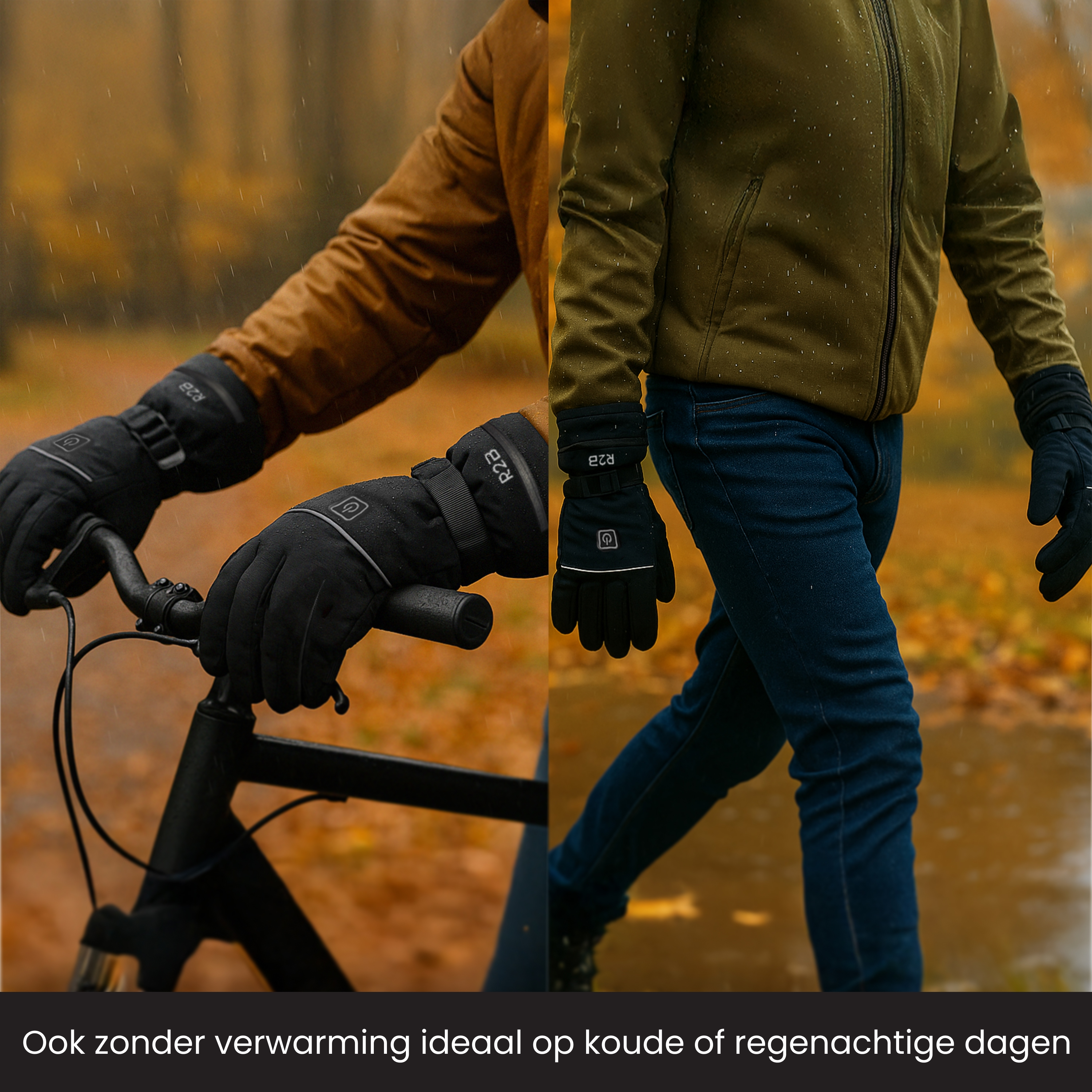 Two people wearing black gloves in rain. One on a bike, the other walking. Background is blurred autumn trees.