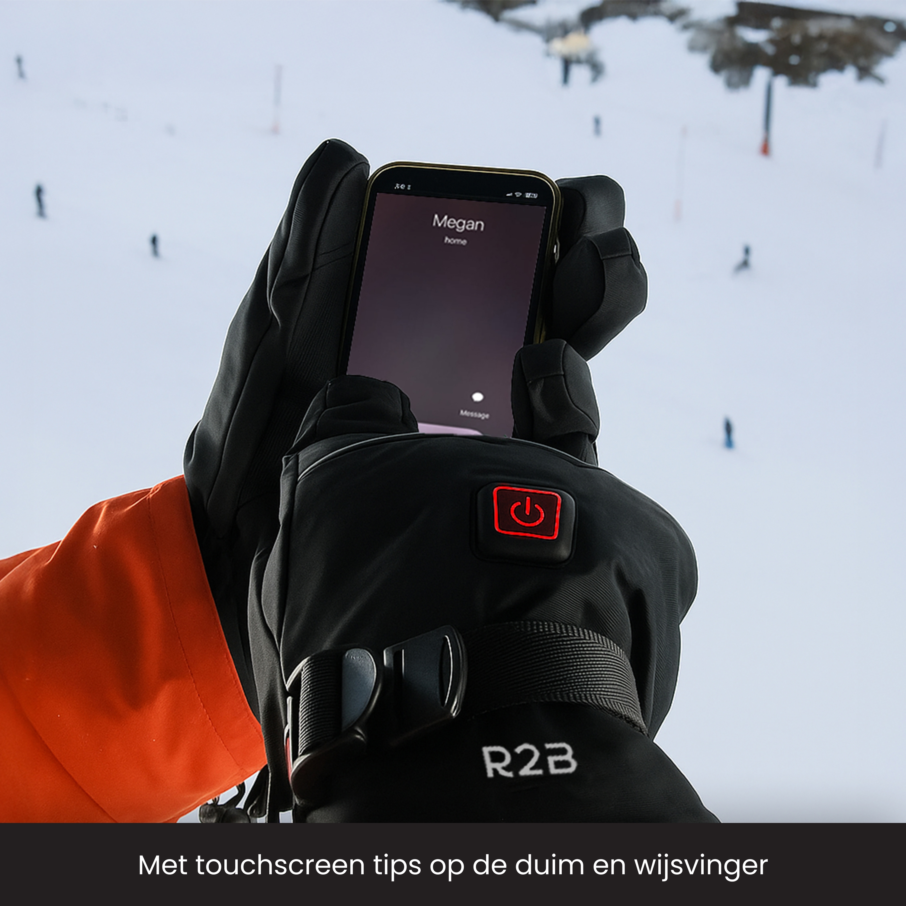 Black gloves holding a phone displaying a call from 'Megan'. Background shows a snowy ski slope with skiers.