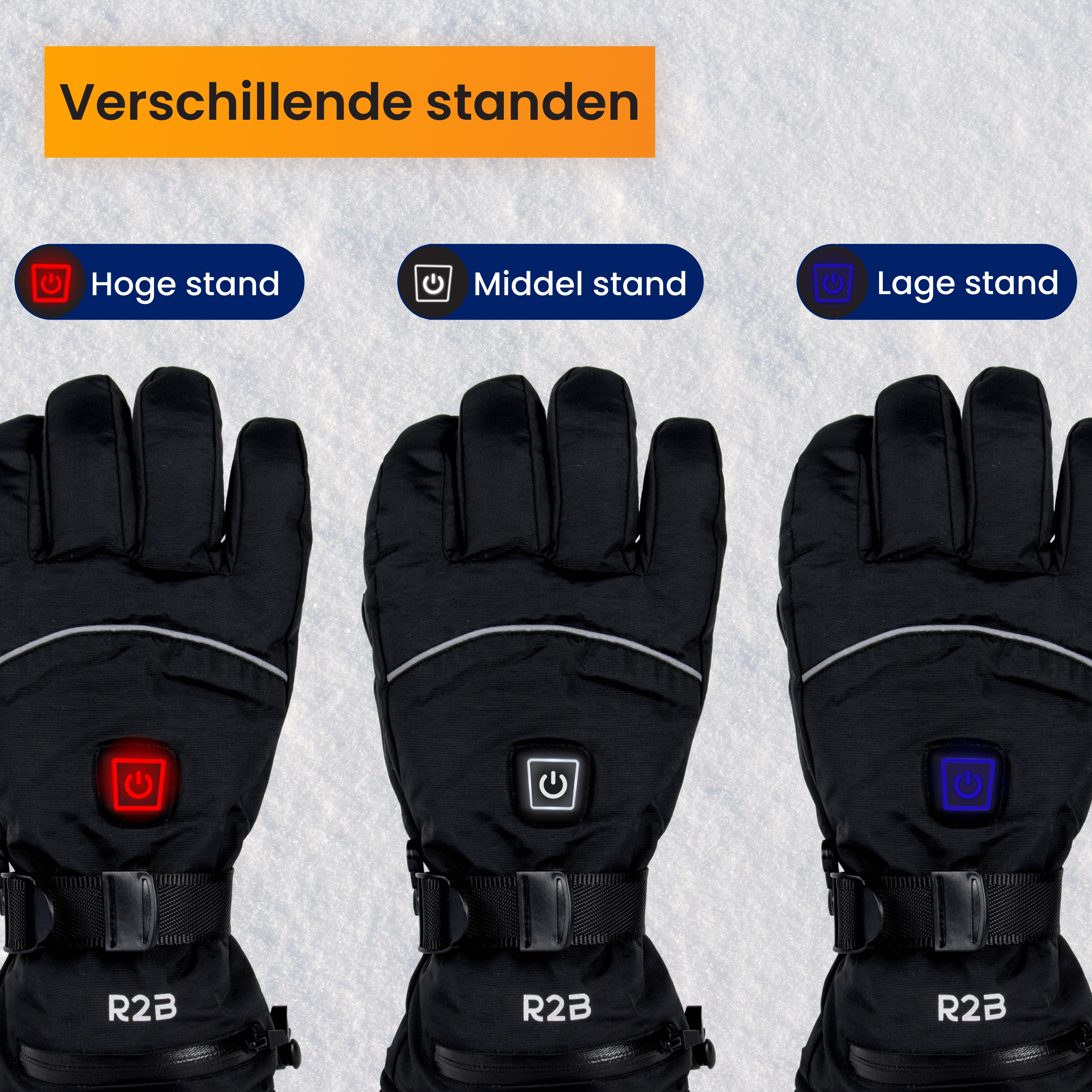Black heated gloves with power button. Three gloves show different power settings: high (red), medium, and low (blue).