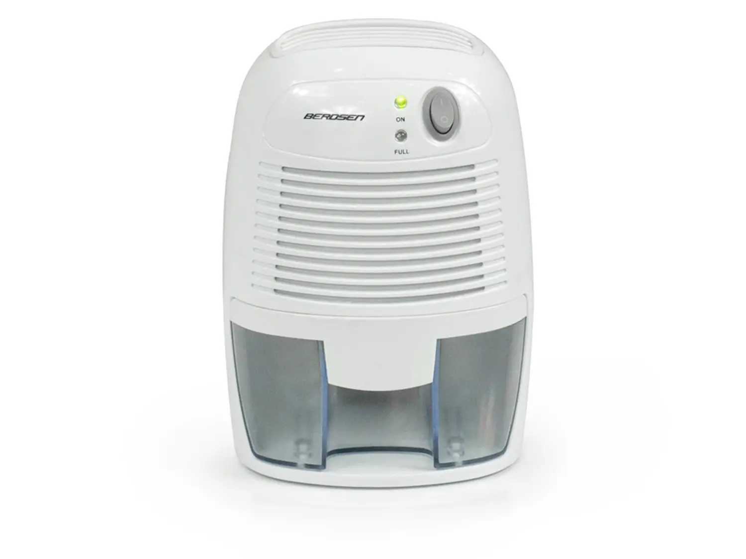 Biały osuszacz powietrza Berosen. Ma włącznik/wyłącznik i wskaźnik 'pełny'. Zbiornik na wodę jest widoczny na dole.