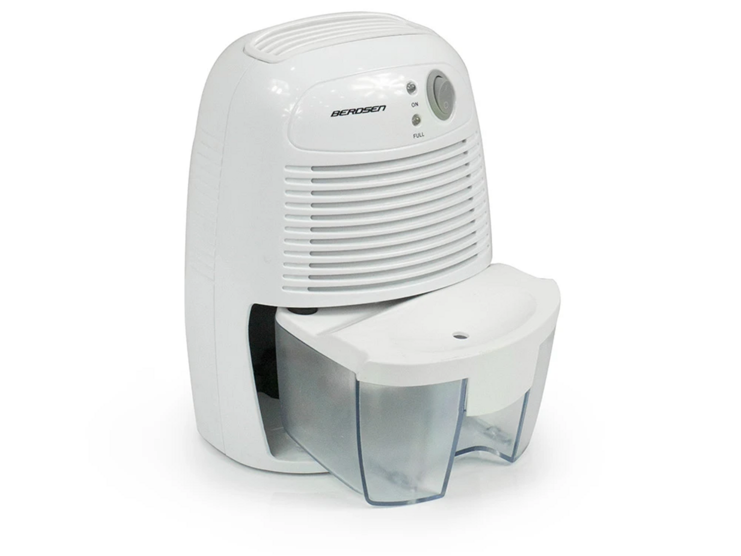 Biały osuszacz powietrza Berosen z przezroczystym zbiornikiem na wodę stoi na białej powierzchni. Posiada włącznik/wyłącznik.