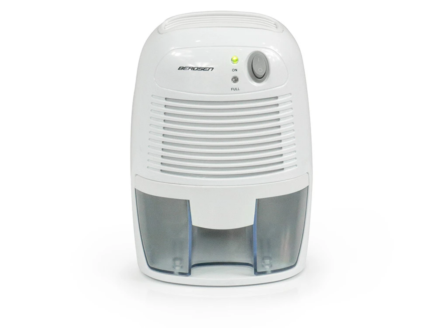 Biały osuszacz powietrza Berosen na białej powierzchni. Posiada przycisk zasilania, kontrolki i zbiornik na wodę.