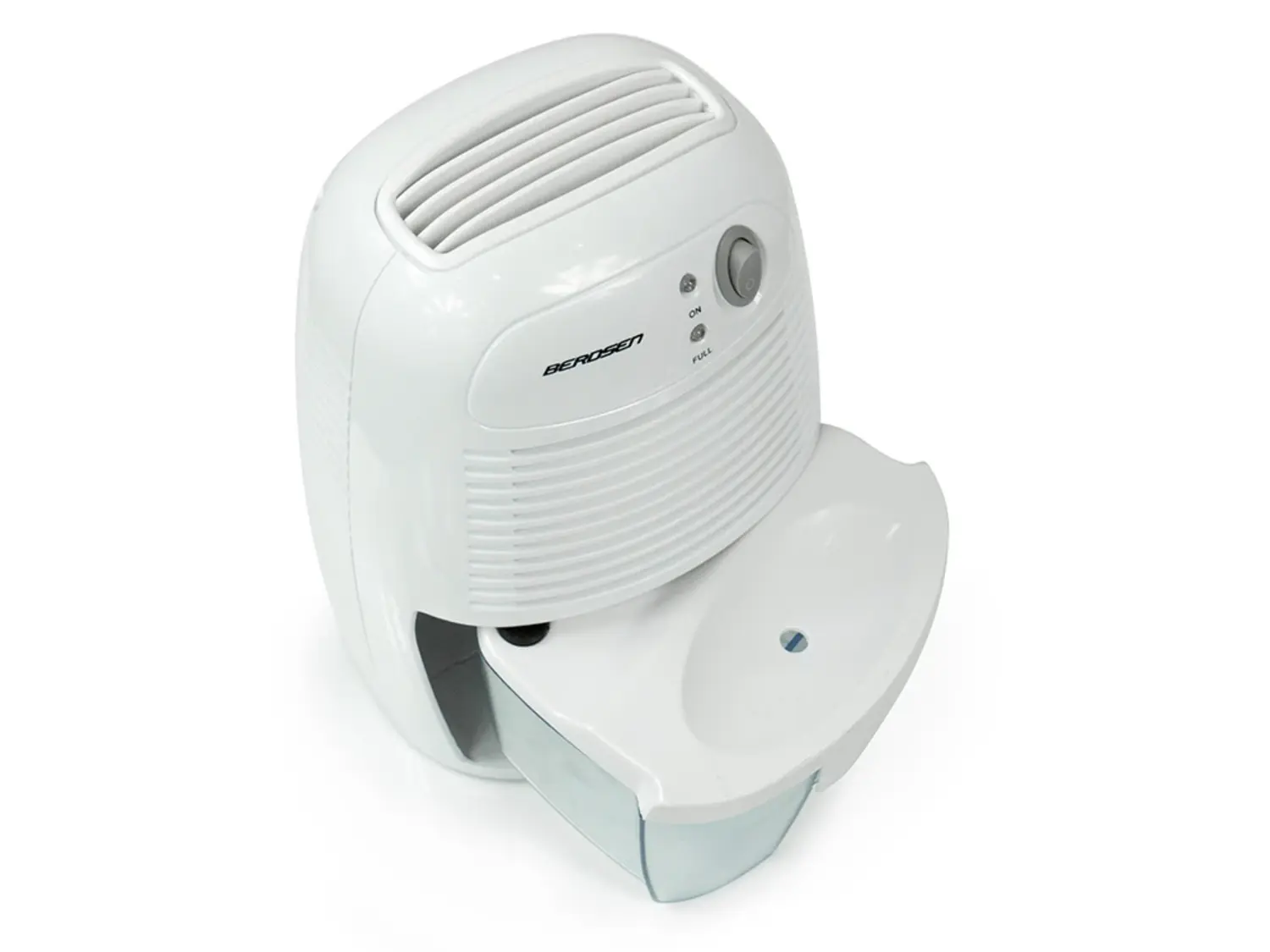 Biały osuszacz powietrza Berosen na białej powierzchni. Posiada zbiornik na wodę, otwory wentylacyjne i przyciski sterowania. Zbiornik jest częściowo widoczny.