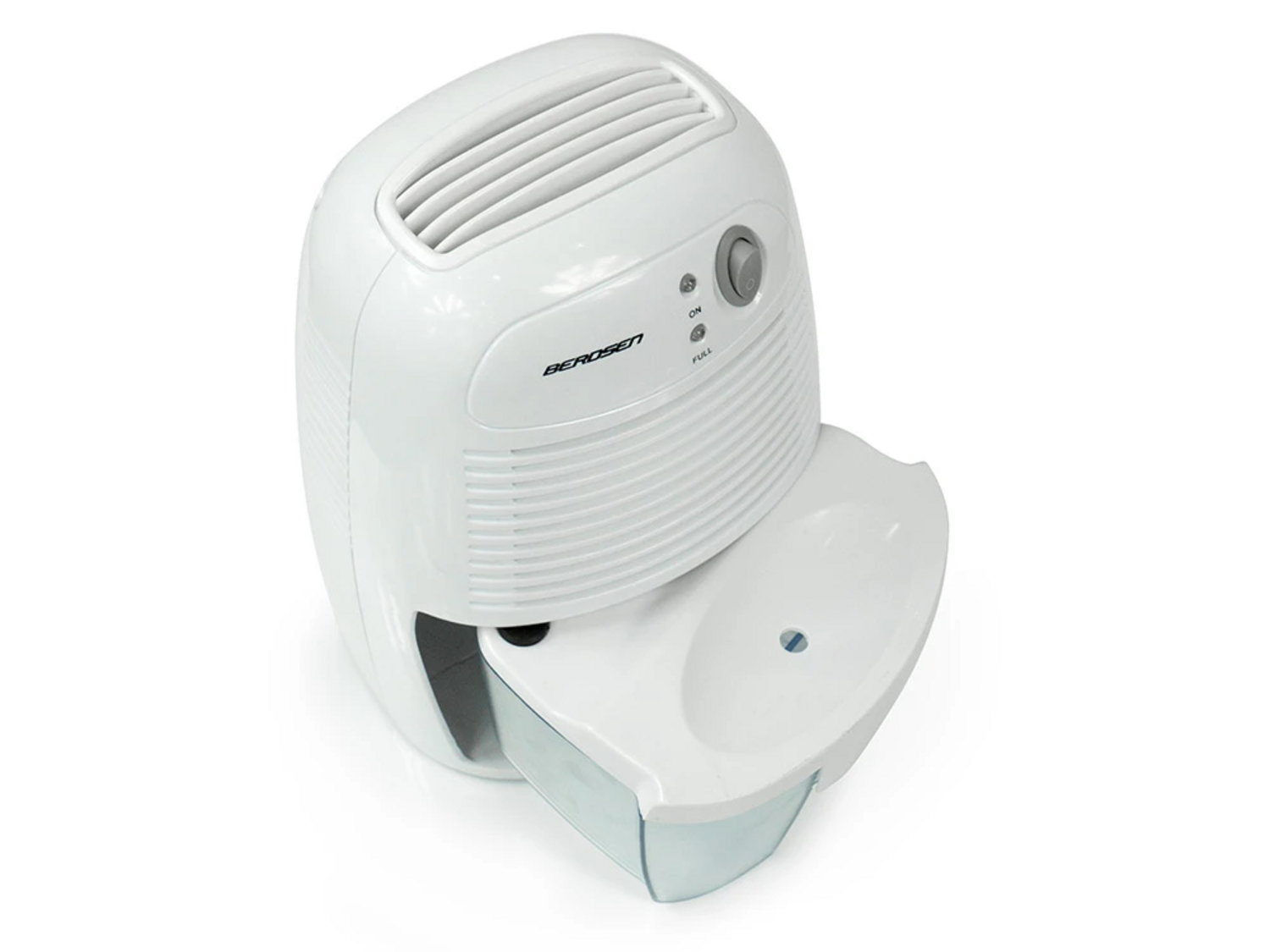 Biały osuszacz powietrza BEROSEN, z tacką na wodę. Urządzenie posiada otwory wentylacyjne, przyciski sterowania i uchwyt.