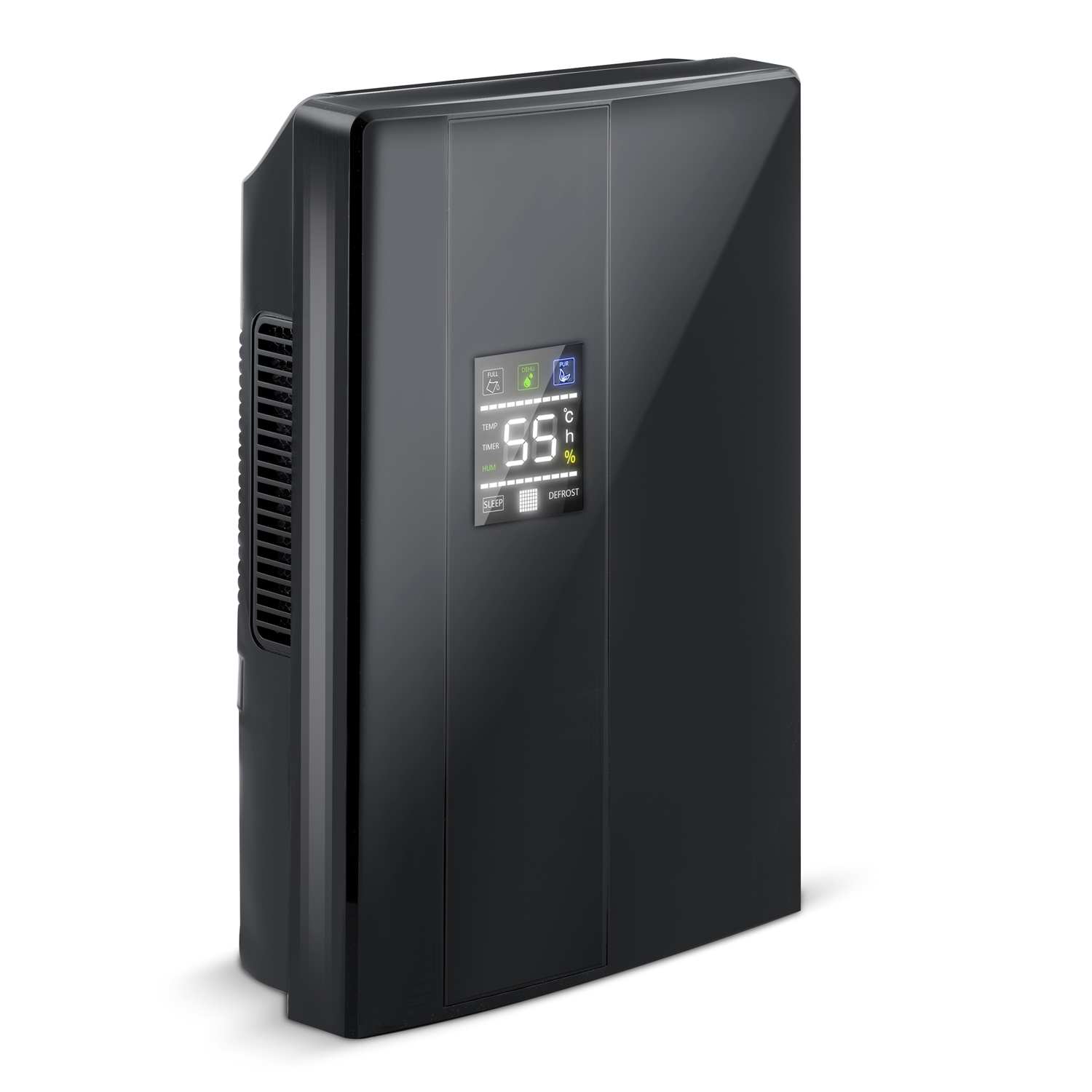 Czarny osuszacz powietrza z cyfrowym wyświetlaczem '55'. Posiada przyciski sterowania i wylot powietrza. Białe tło.