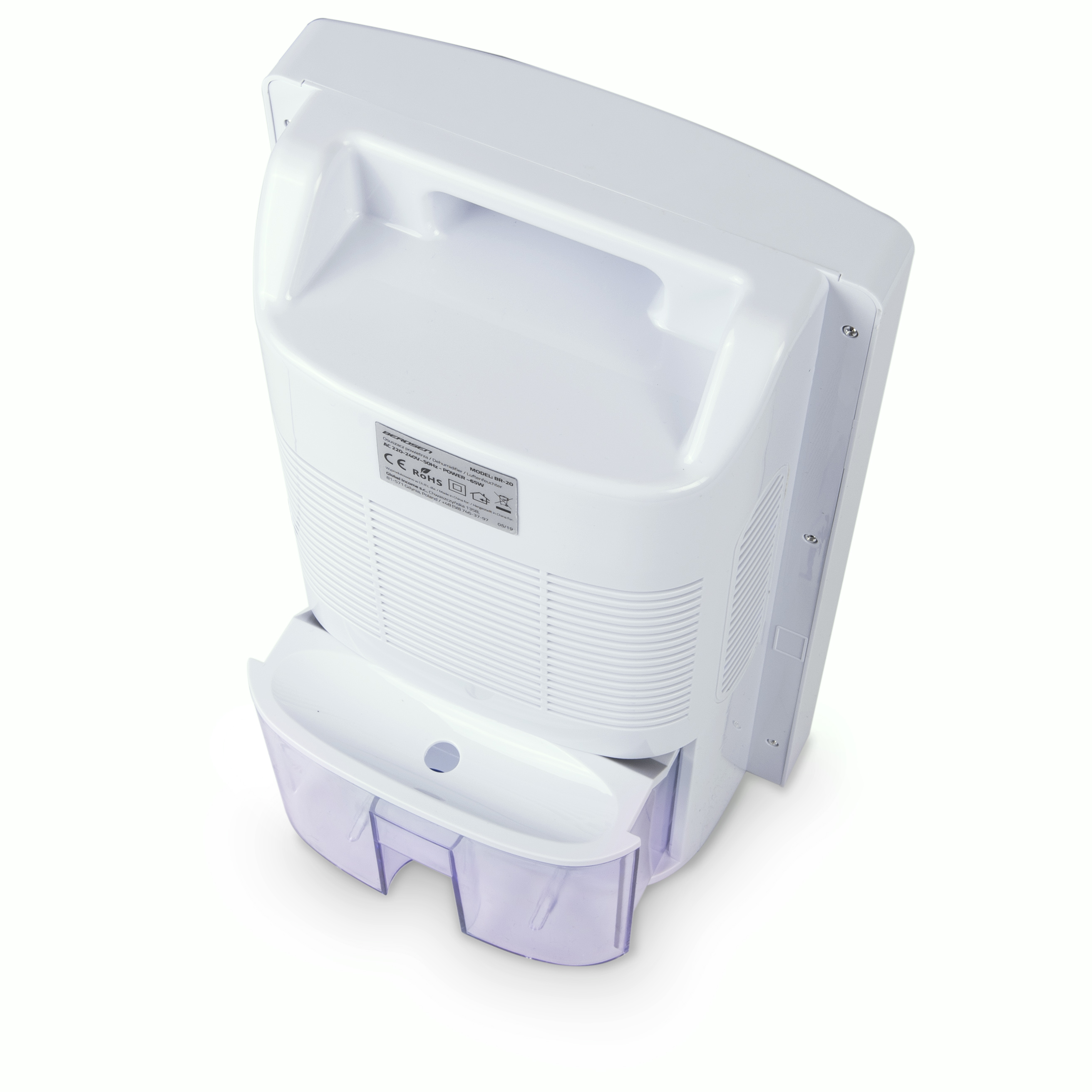 Biały osuszacz powietrza z uchwytem i wysuwanym zbiornikiem na wodę. Tło jest białe.