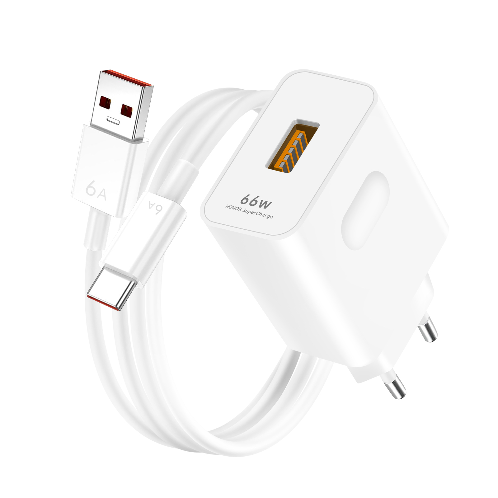 Caricabatterie bianco HONOR 66W SuperCharge con cavo bianco. Connettori USB e USB-C visibili. Sfondo bianco.