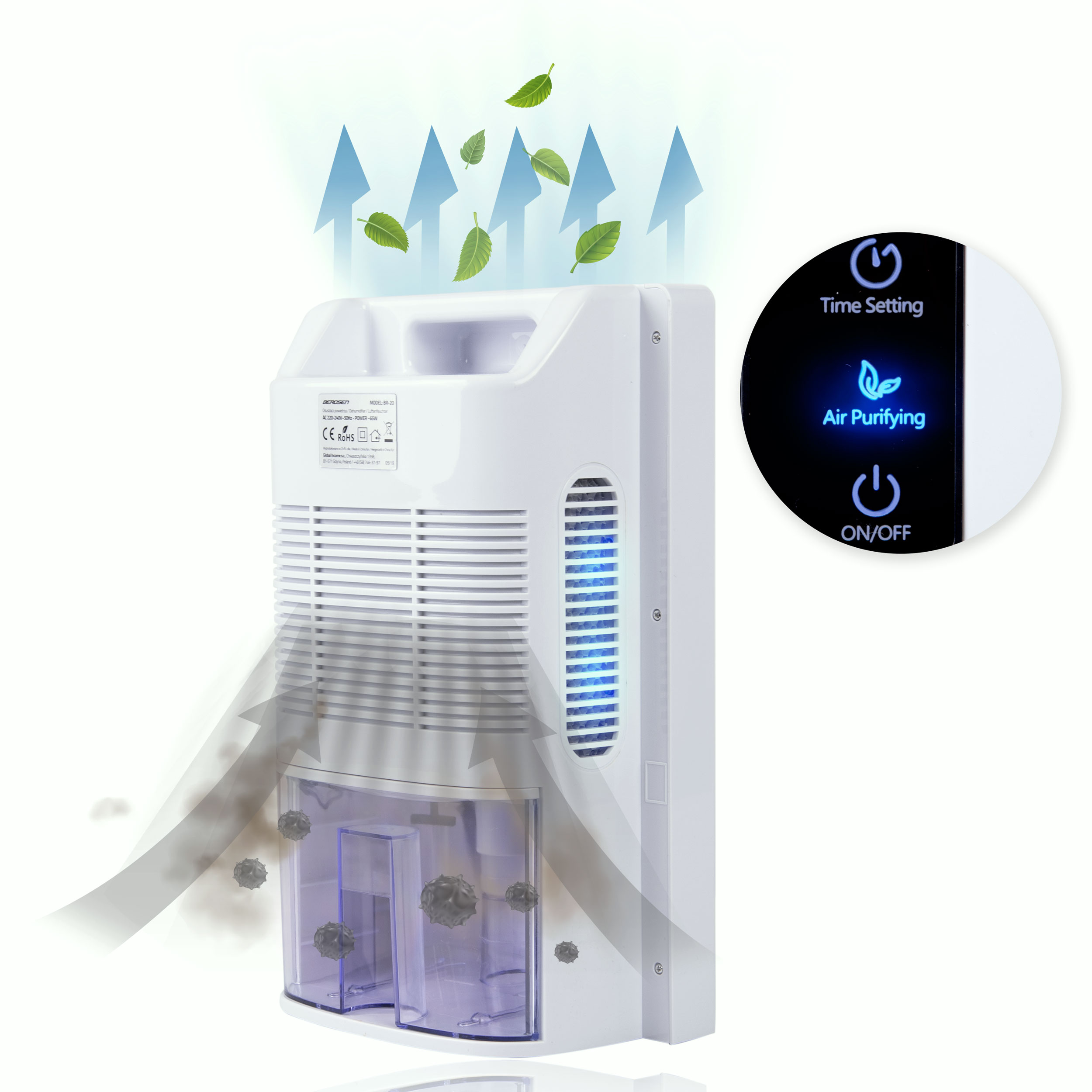 Biały oczyszczacz powietrza z niebieskim światłem, strzałkami i liśćmi. Ma przycisk włączania/wyłączania i funkcję oczyszczania.