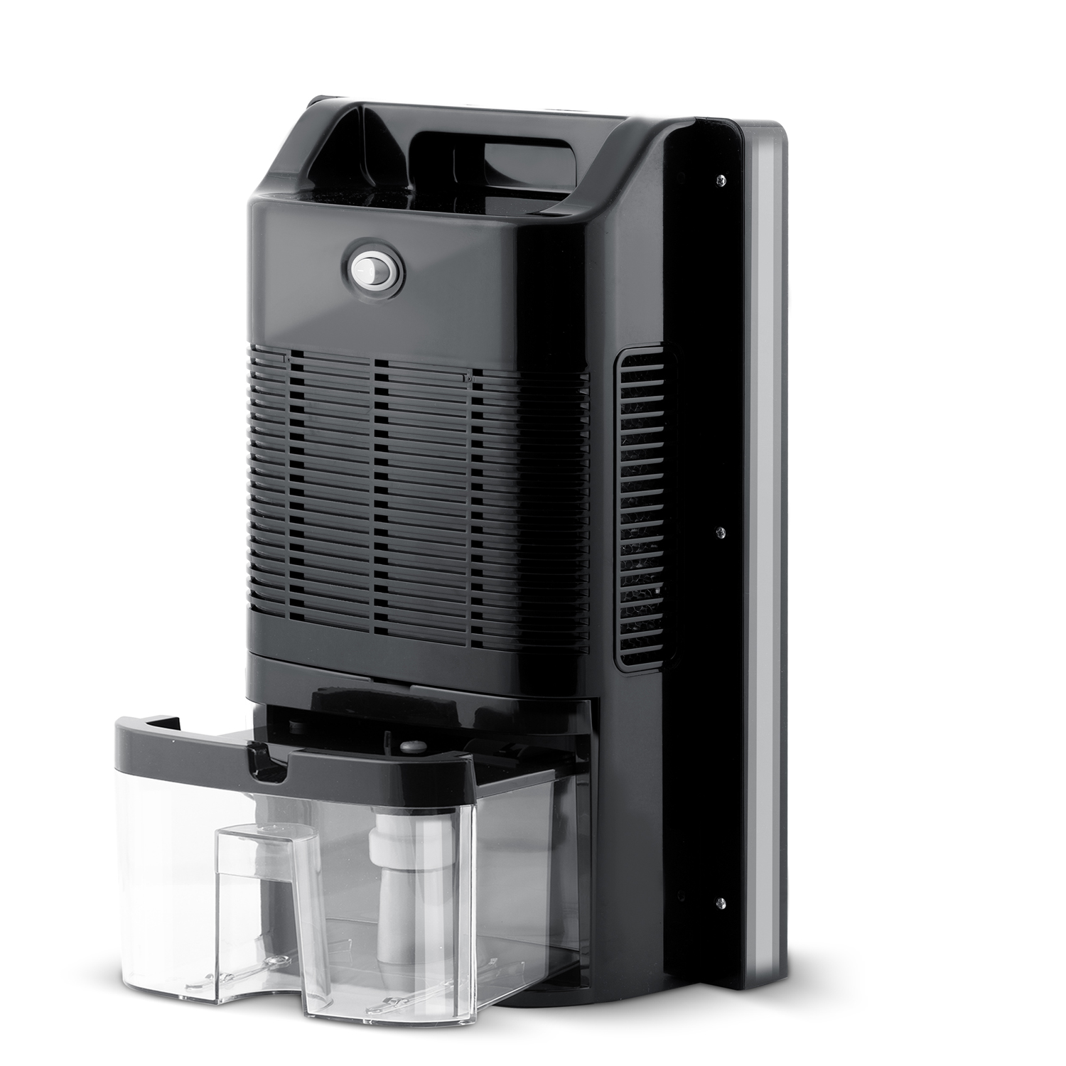 Czarny osuszacz powietrza z przezroczystym zbiornikiem na wodę. Ma uchwyt i przycisk sterowania. Tło jest białe.