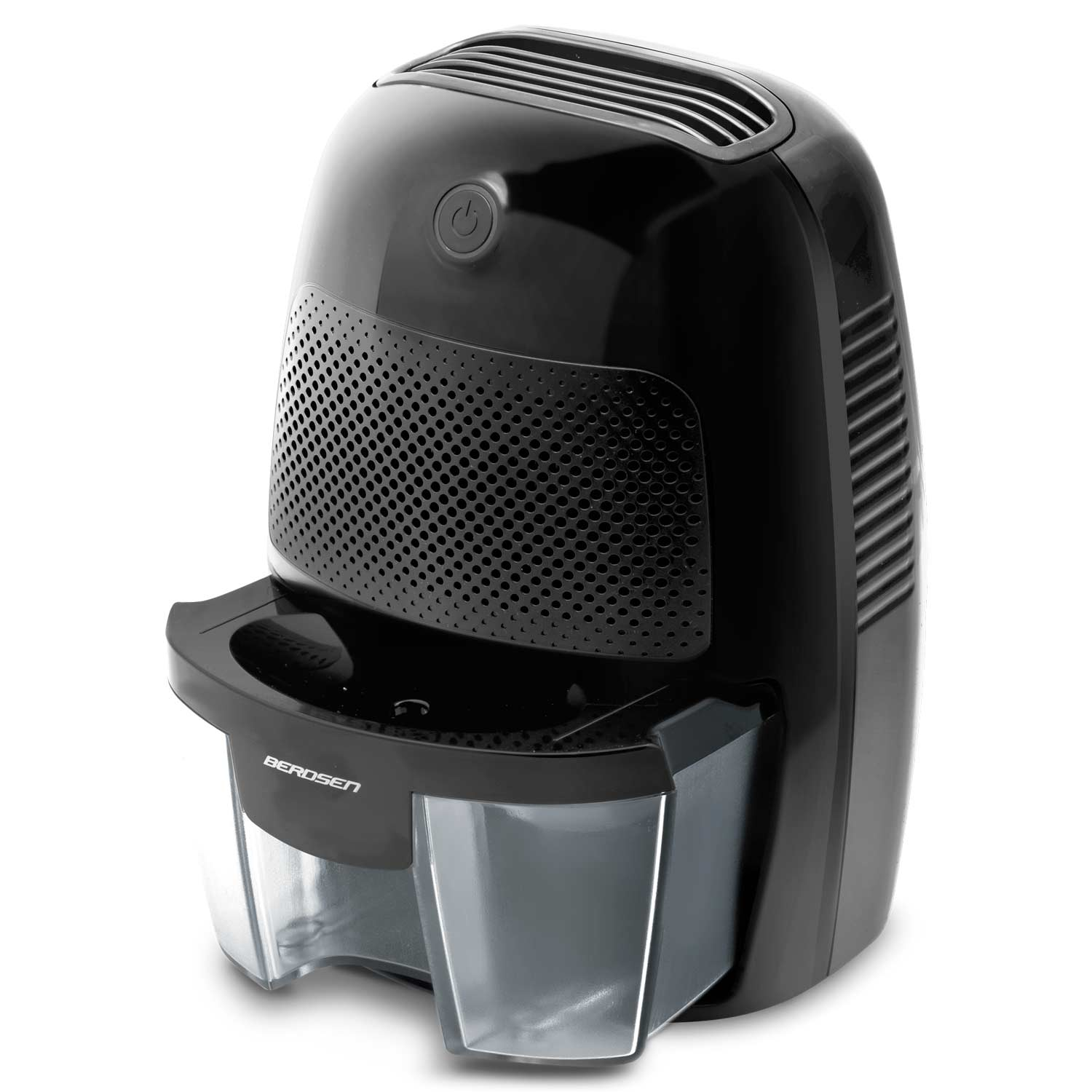 Czarny osuszacz powietrza Berdsen na białym tle. Posiada przycisk zasilania, wlot powietrza i zbiornik na wodę.