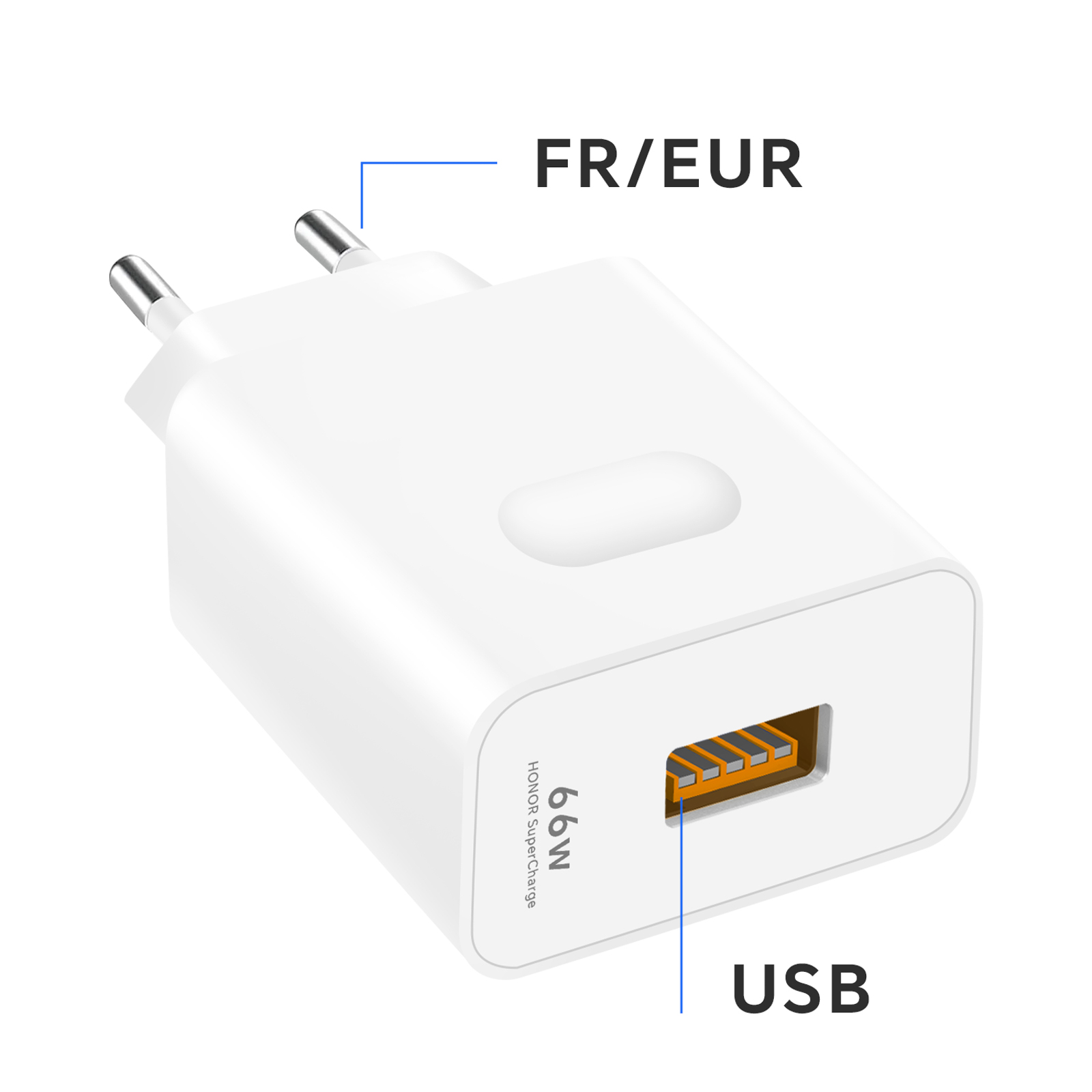 Un caricatore USB Honor 66W bianco. Ha due pin per prese FR/EUR e una porta USB.