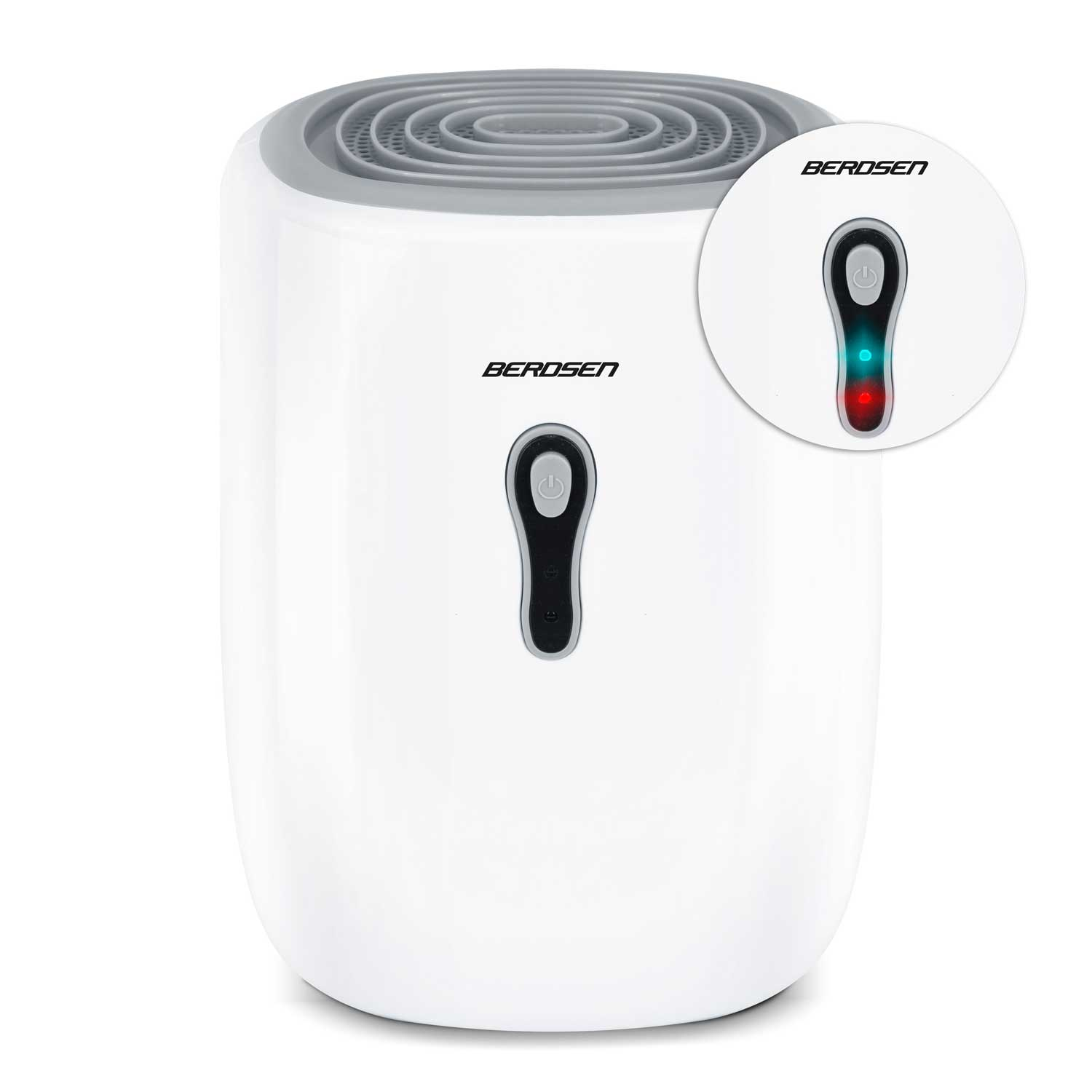 Biały osuszacz BEROSEN. Ma przycisk zasilania i wskaźnik stanu. Szary wierzch z okrągłym wzorem. Mały szczegół tych samych elementów.