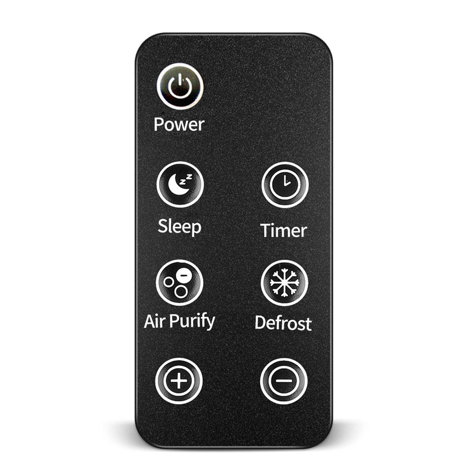 Czarny pilot z przyciskami zasilania, uśpienia, timera, oczyszczania powietrza, rozmrażania, plus i minus.