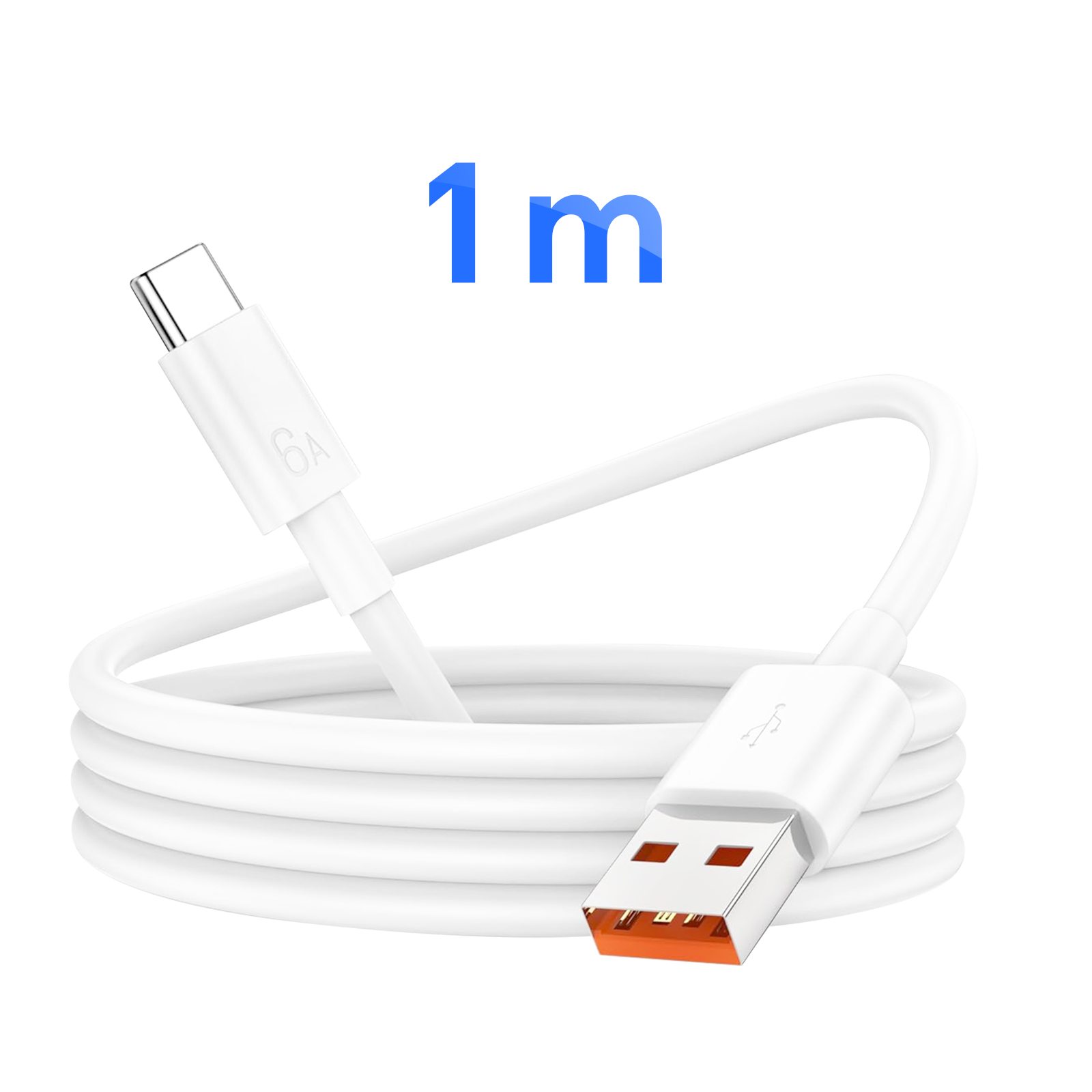 Cavo di ricarica USB bianco con connettore USB-C e USB-A, con testo '1 m' in blu.
