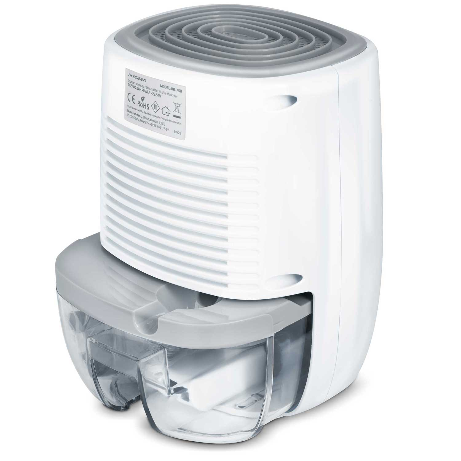 Biały osuszacz powietrza z szarą górą i zbiornikiem na wodę. Posiada panel sterowania, otwory wentylacyjne i przezroczysty pojemnik na wodę.