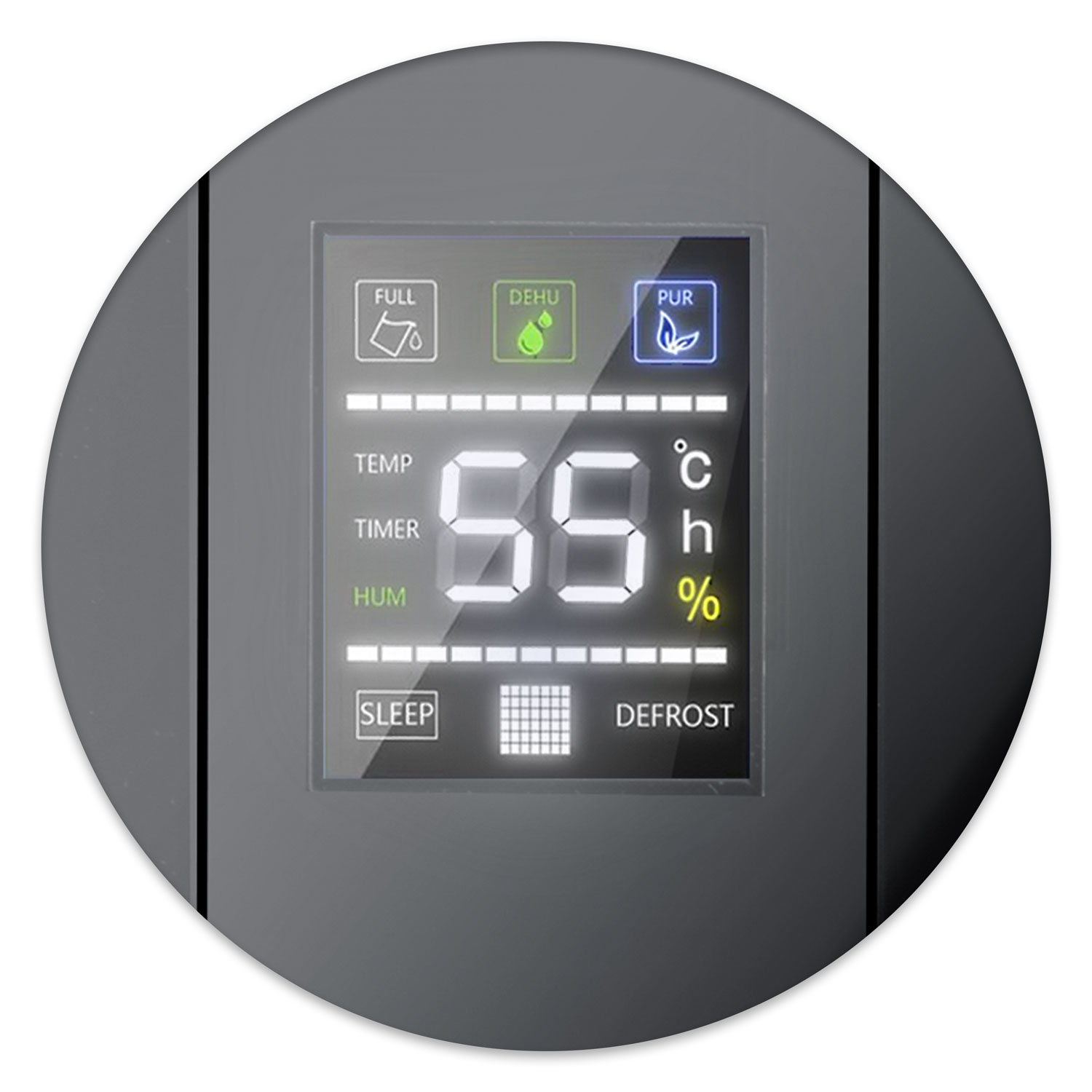 Cyfrowy wyświetlacz pokazuje 55 stopni Celsjusza i inne funkcje: Full, Dehu, Pur, Temp, Timer, Hum, Sleep, Defrost.