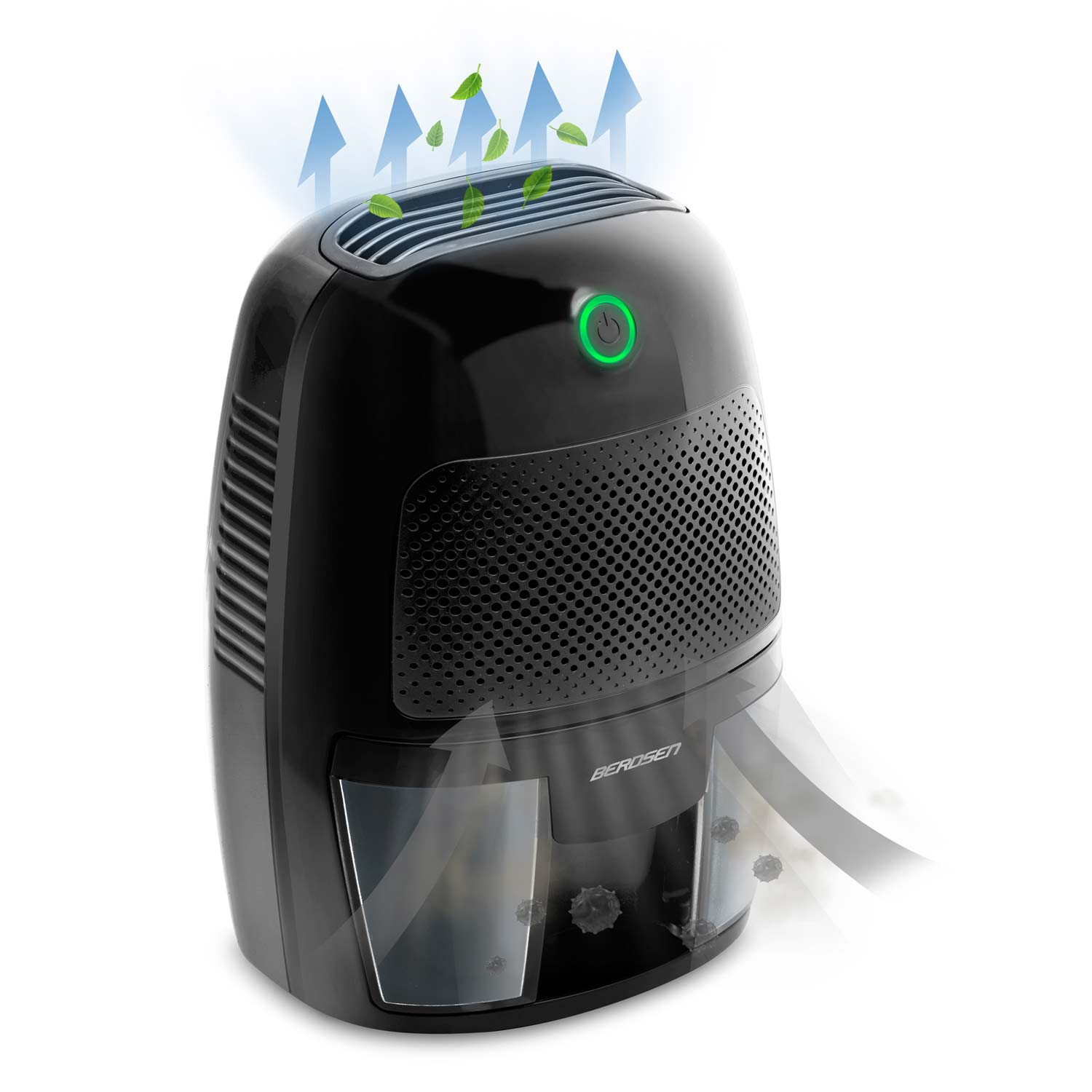 Czarny oczyszczacz powietrza z zielonym przyciskiem, strzałkami i liśćmi. Pokazuje filtrowane cząsteczki powietrza i kurzu.