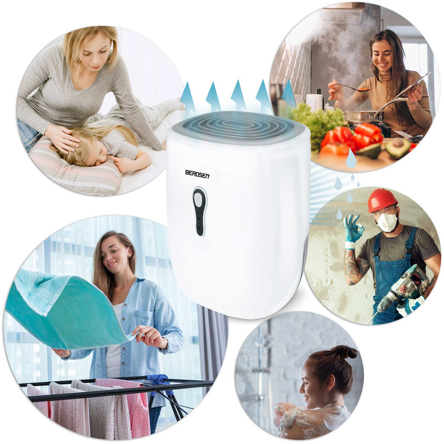 Biały oczyszczacz powietrza. Pokazano osoby: kobietę z dzieckiem, gotującą, wieszającą pranie, biorącą prysznic i pracownika budowlanego.